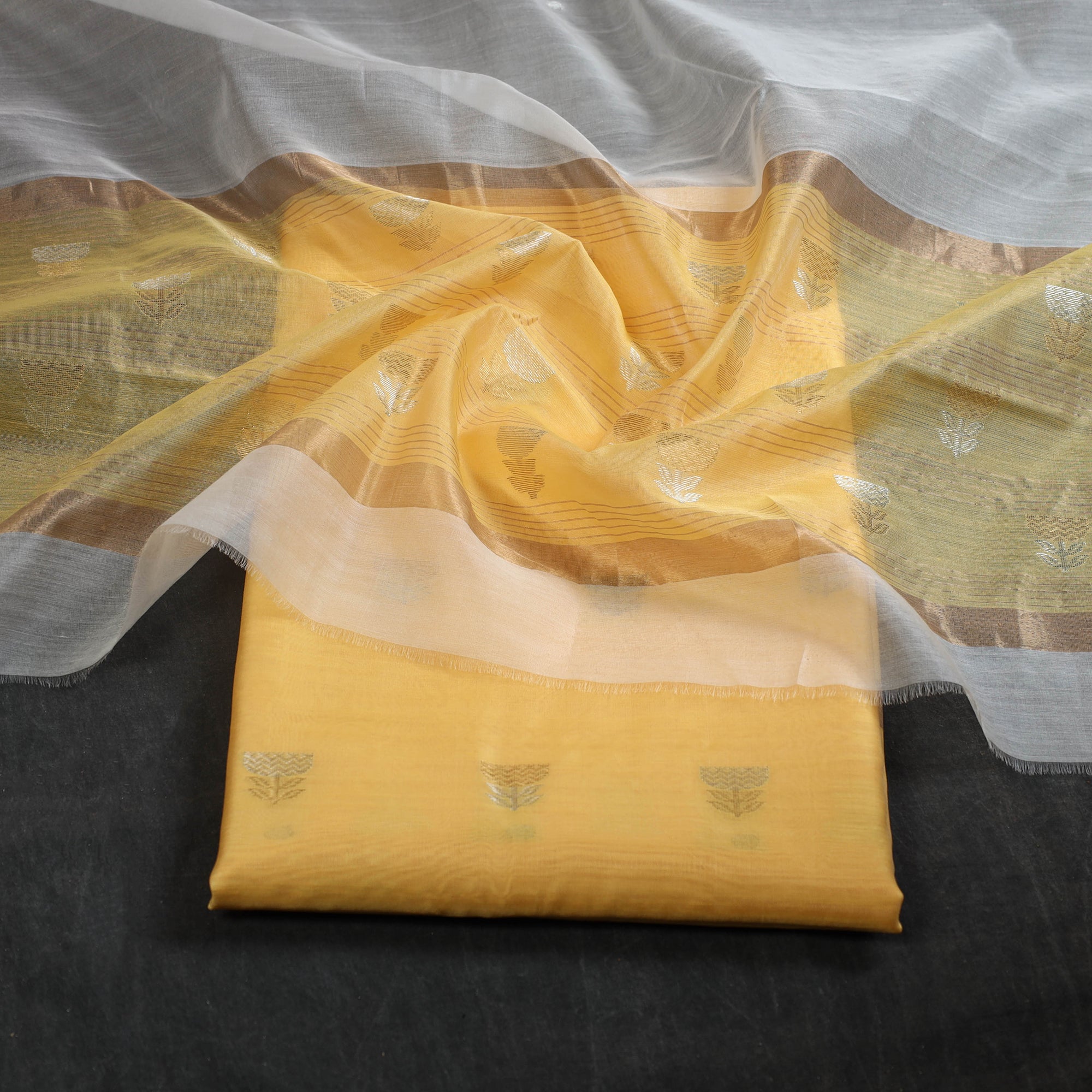 CHANDERI BY RAUPH KHAN Yellow - 2pc Zari Buti Handloom Chanderi Silk Dress Material 18 - view 2