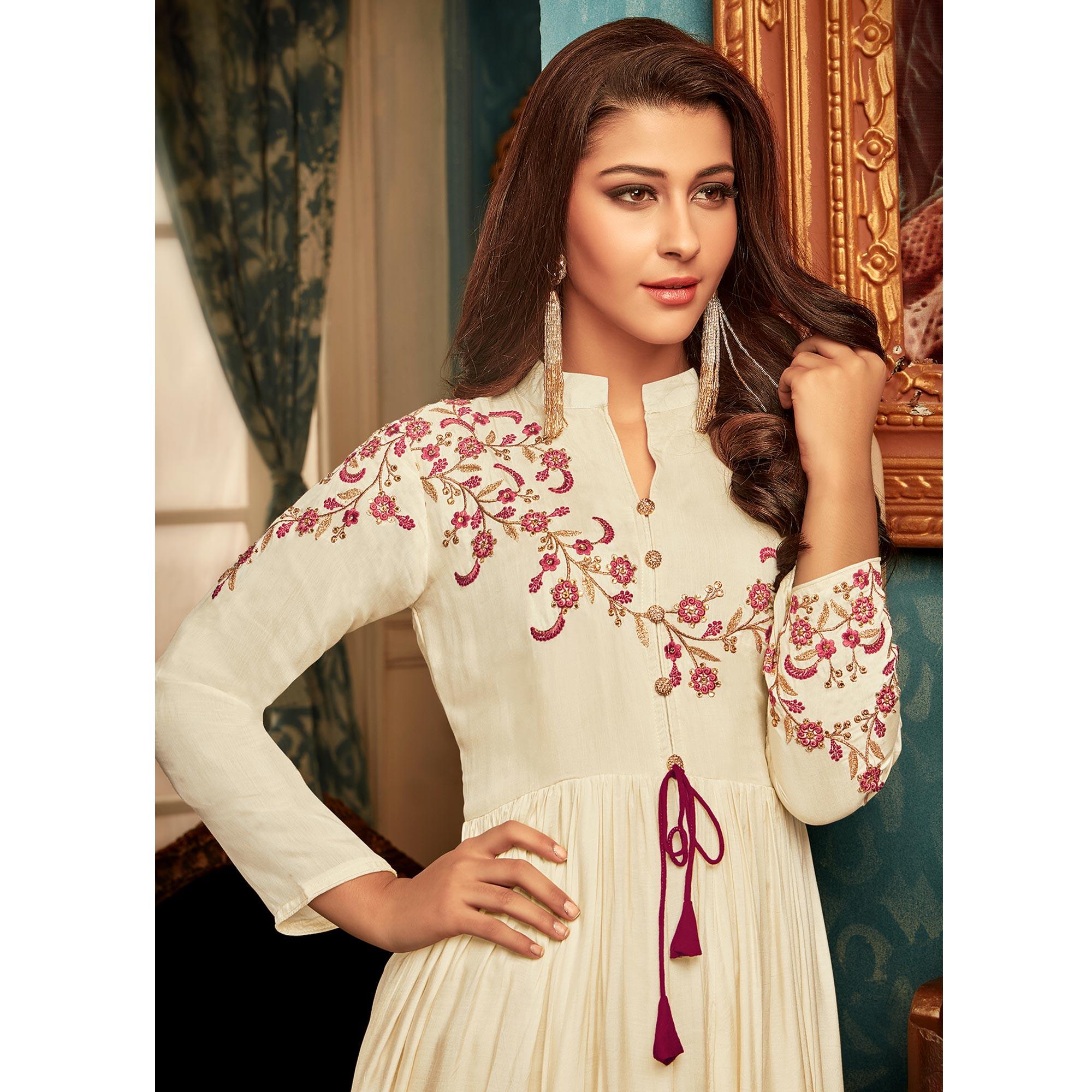 Peachmode Seller Imposing Cream Colored Partywear Embroidered Heavy Muslin Gown - view 2