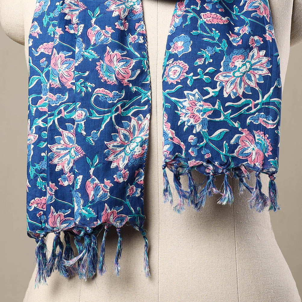 HAVELI CHRONICLES Blue - Block Print Cotton Sanganeri Stole with Tassels 226 - view 2
