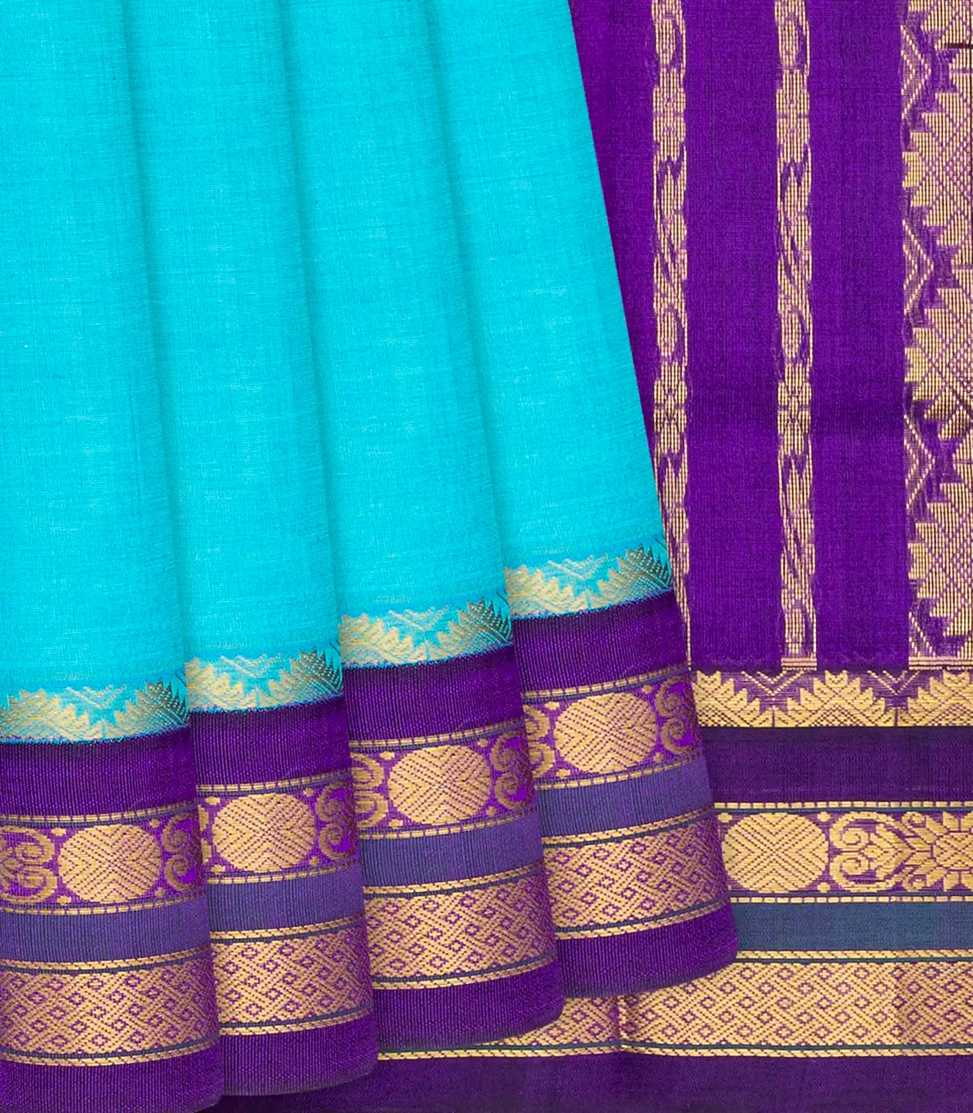 RmKV Sky Blue Handloom Korvai Silk Cotton Saree With Purple Border-Sky Blue