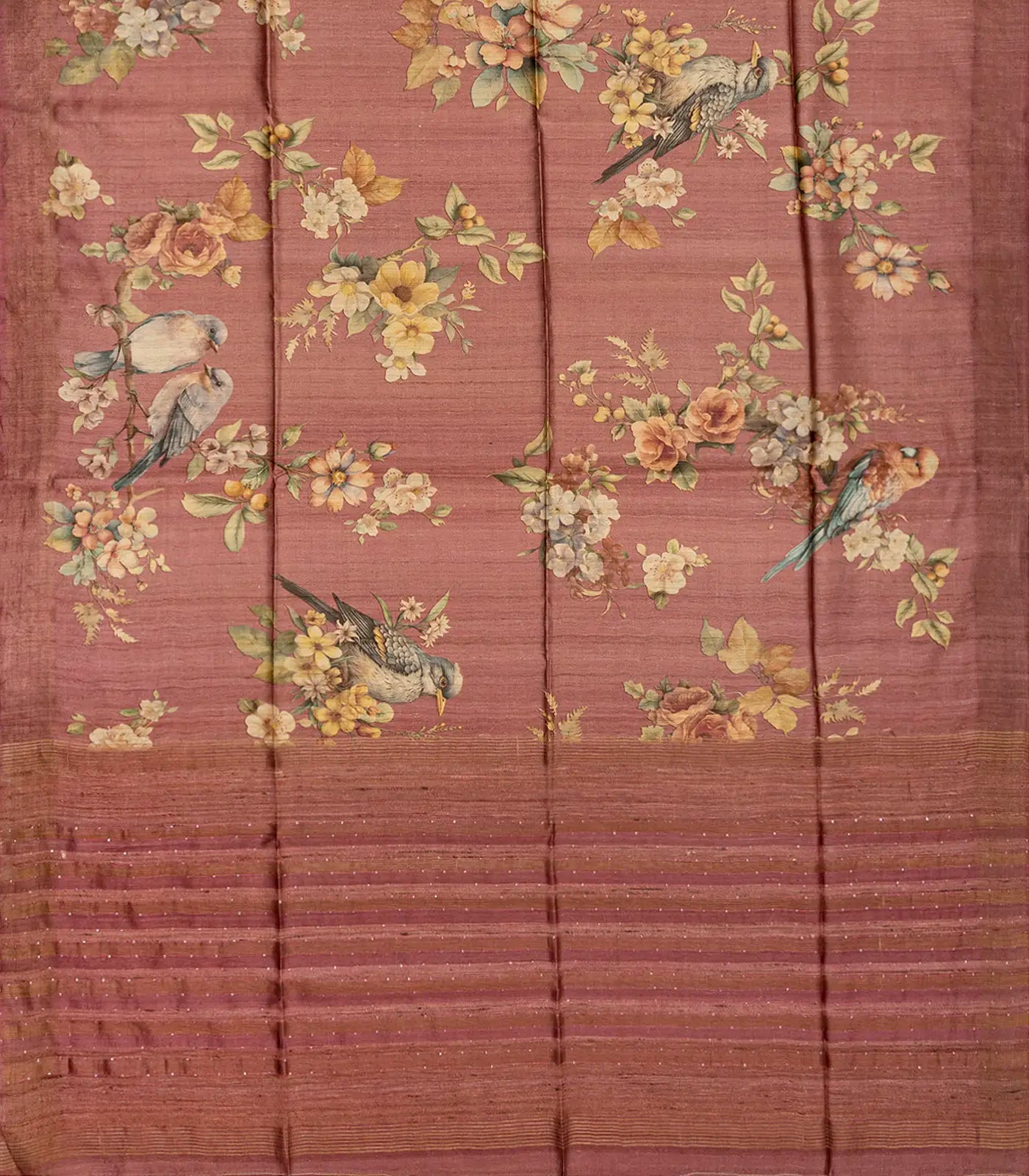 RmKV Dusty Pink Handloom Tussar Silk Saree With Printed Bird Motifs-Dusty Pink - view 3