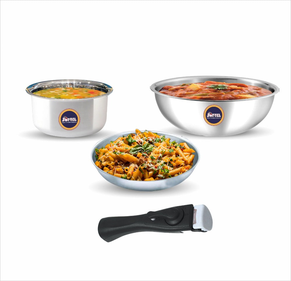 Softel Tri-Ply Cookware Combo with Removable Handle (20 cm Tasla + 22 cm Fry Pan + 1 Litre Sauce Pan + Removable Handle) | Gas & Induction Compatible 