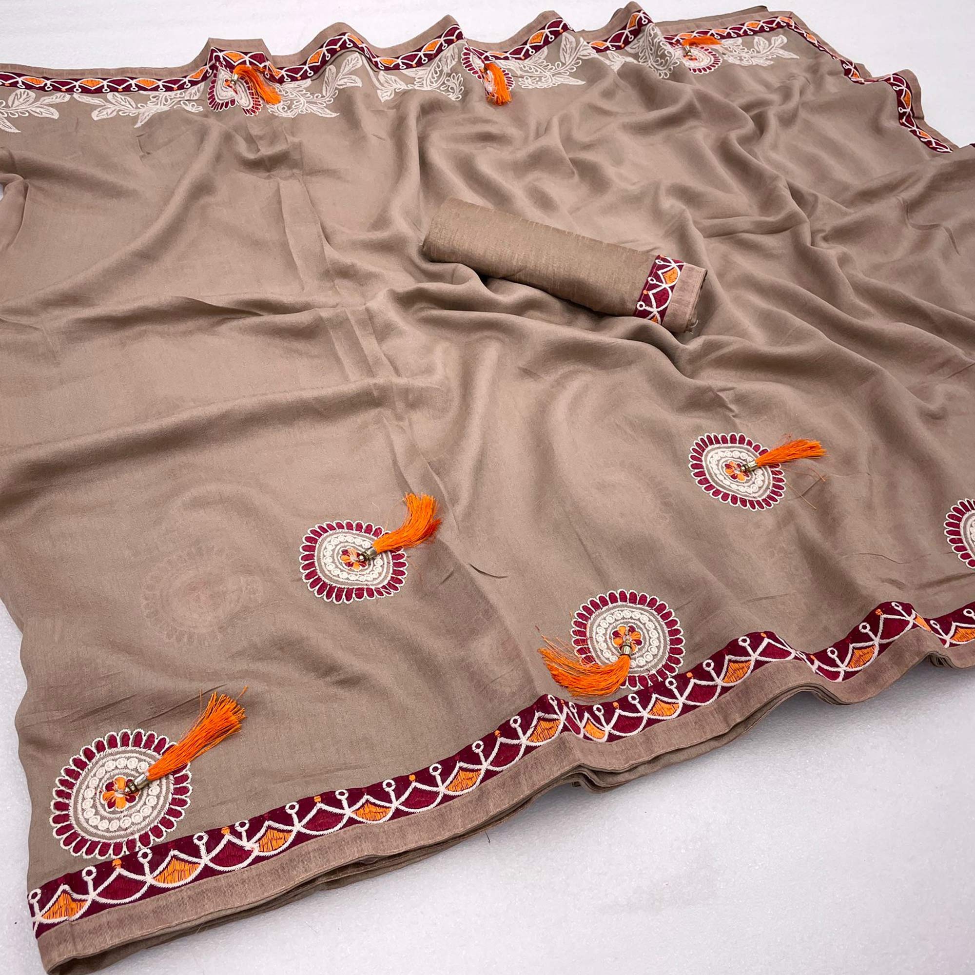 Peachmode Dark Chikoo Embroidered Vichitra Silk Saree - view 4