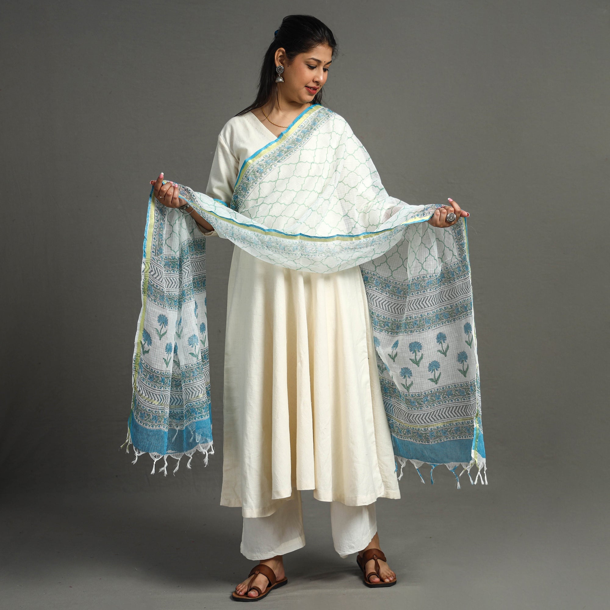 ARTISAN HAND BLOCK PRINTS Blue - Block Printed Kota Doria Cotton Sanganeri Dupatta 26