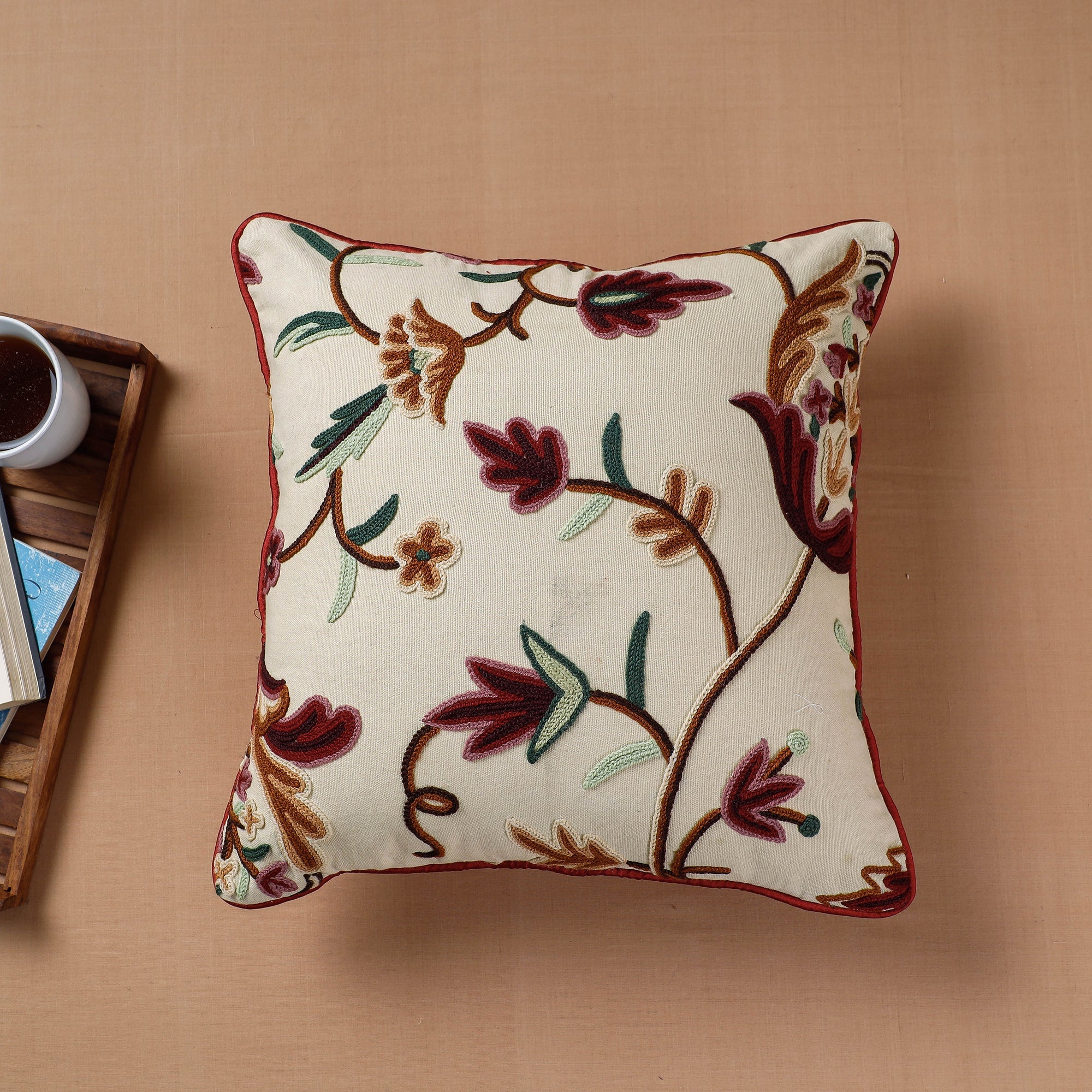 ITOKRI CRAFTS INITIATIVE Beige - Aari Hand Embroidery Cotton Duck Cushion Cover (16 x 16 in)