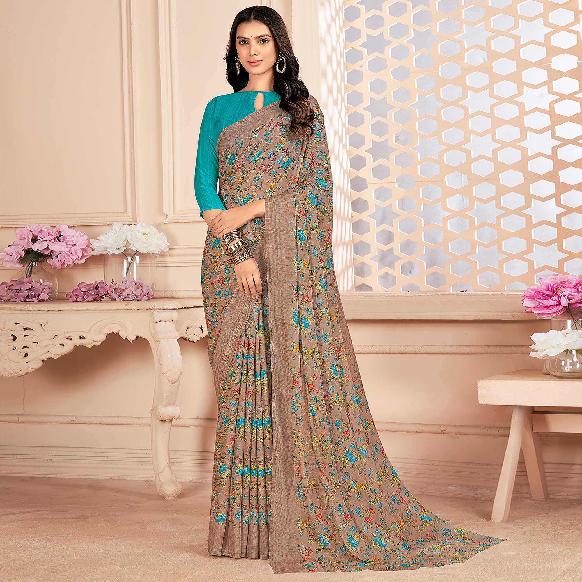 Peachmode Dusty Brown Floral Printed Chiffon Saree