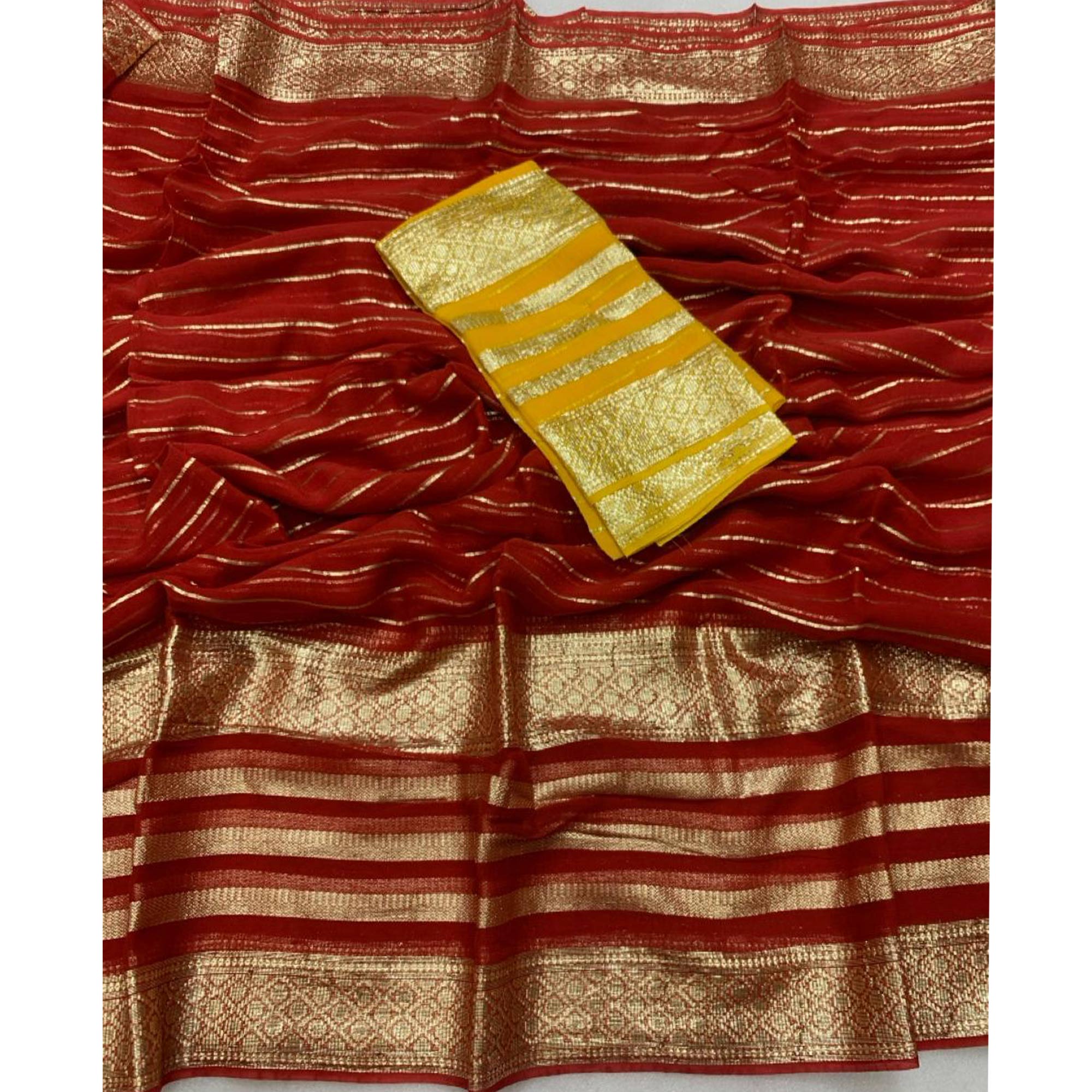 Peachmode Dark Red Striped Zari Woven Viscose Saree - view 3