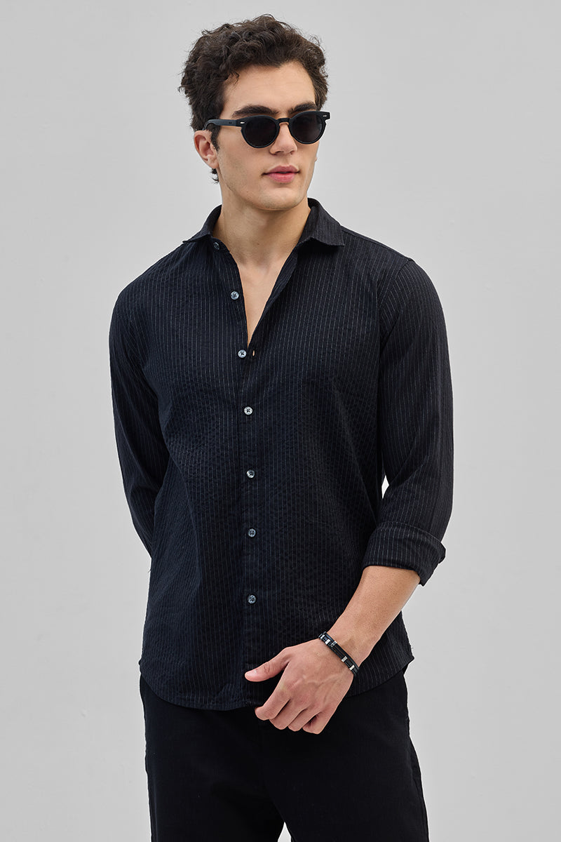 SNITCH Black Slim Fit Stripes Shirt
