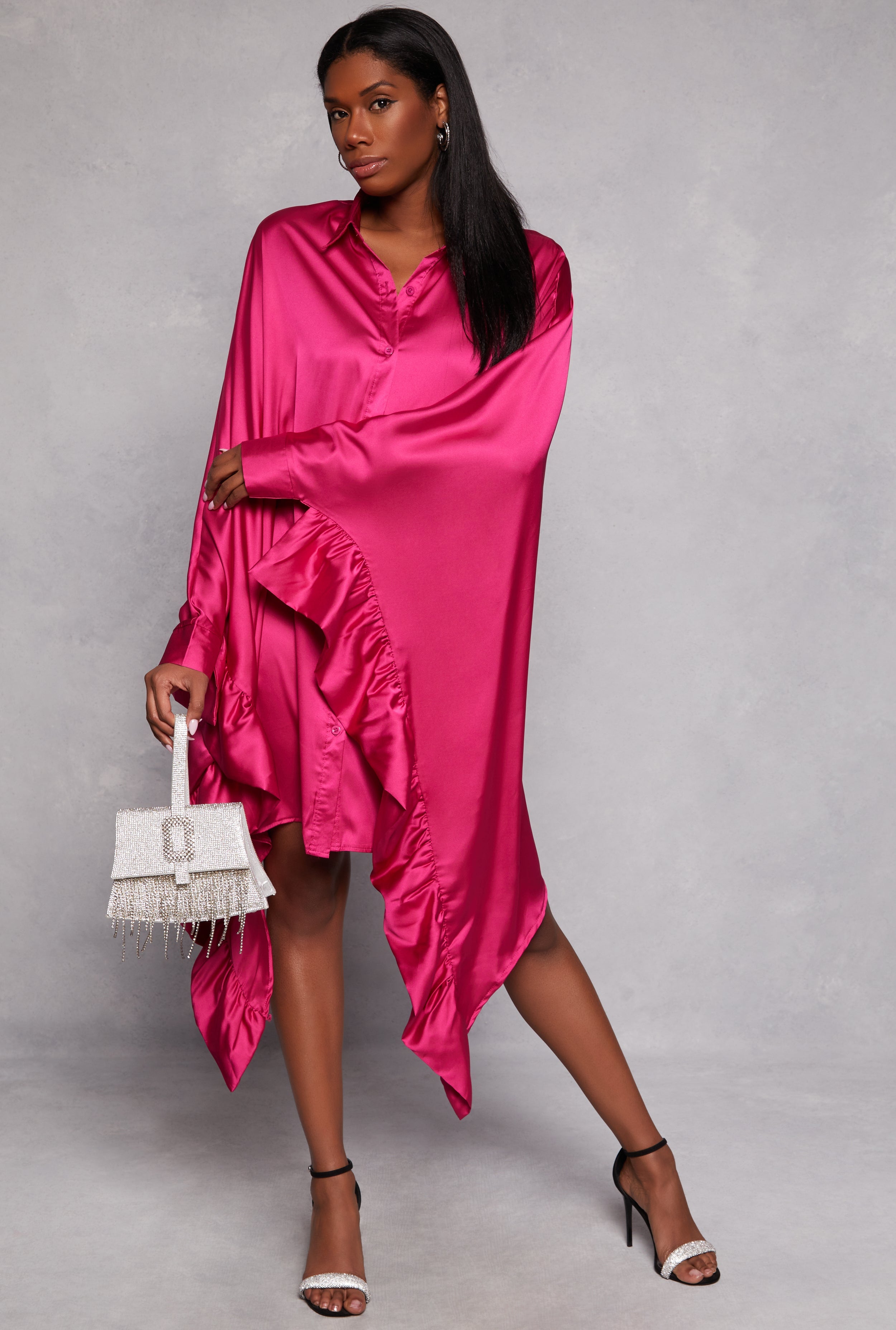 Rainbow Shops Satin Oversized Ruffled Batwing Shirt Dress - view 2