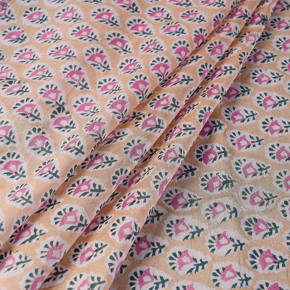 KUSUMLATA Beige - Pink Florets Sanganeri Block Printed Handloom Chanderi Silk Fabric - view 2