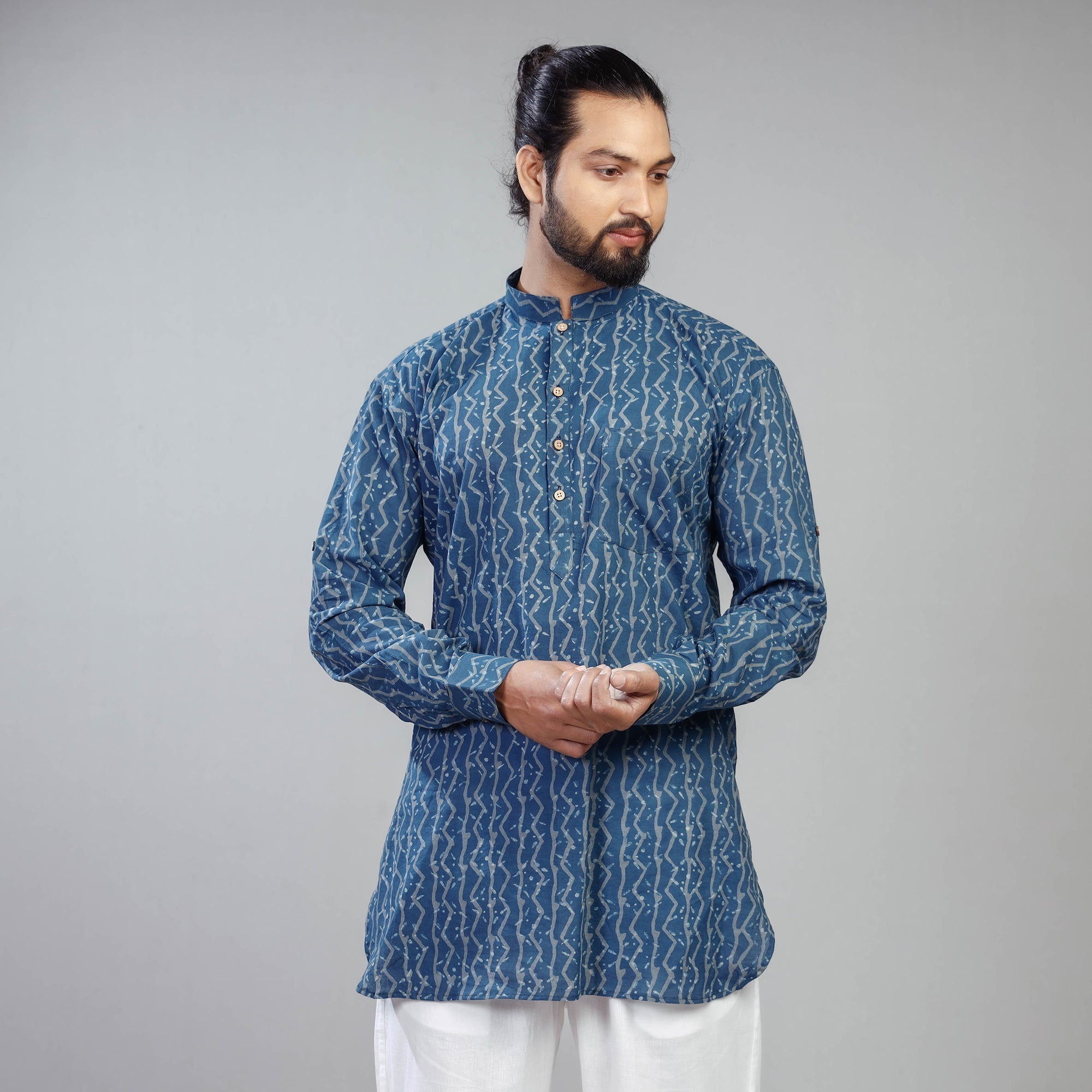ITOKRI CASUALS Blue - Akola Block Printed Cotton Men Short Kurta