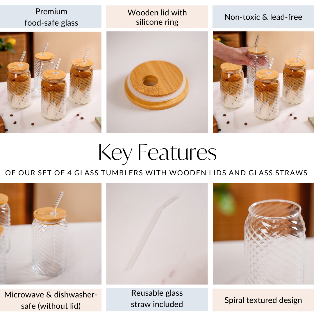 Nestasia Set Of 4 Glass Tumblers With Wooden Lids And Glass Straws 500ml - view 5