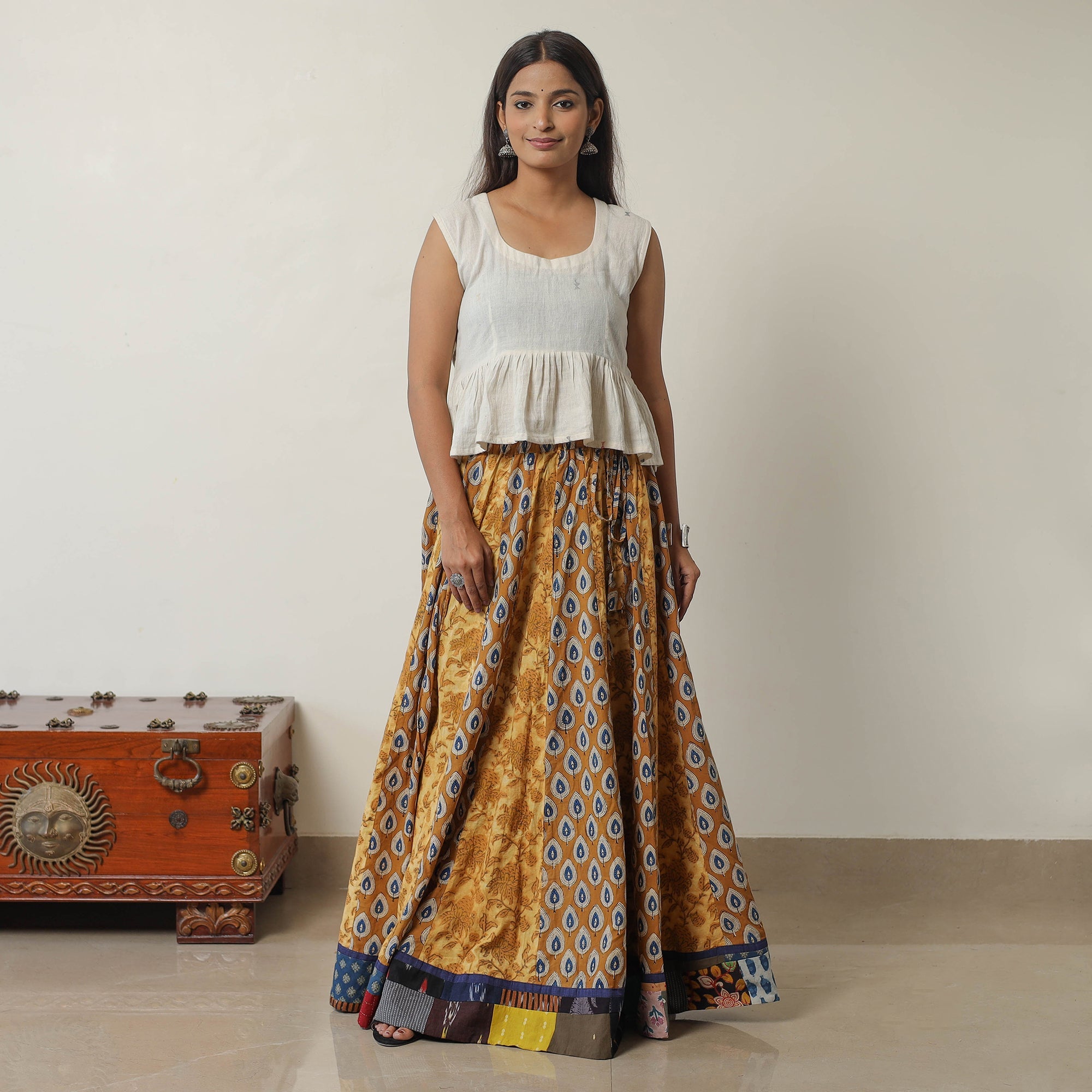 NOORI BAZAR Brown - Bagru Block Printed 24 Kali Patchwork Cotton Long Skirt 31