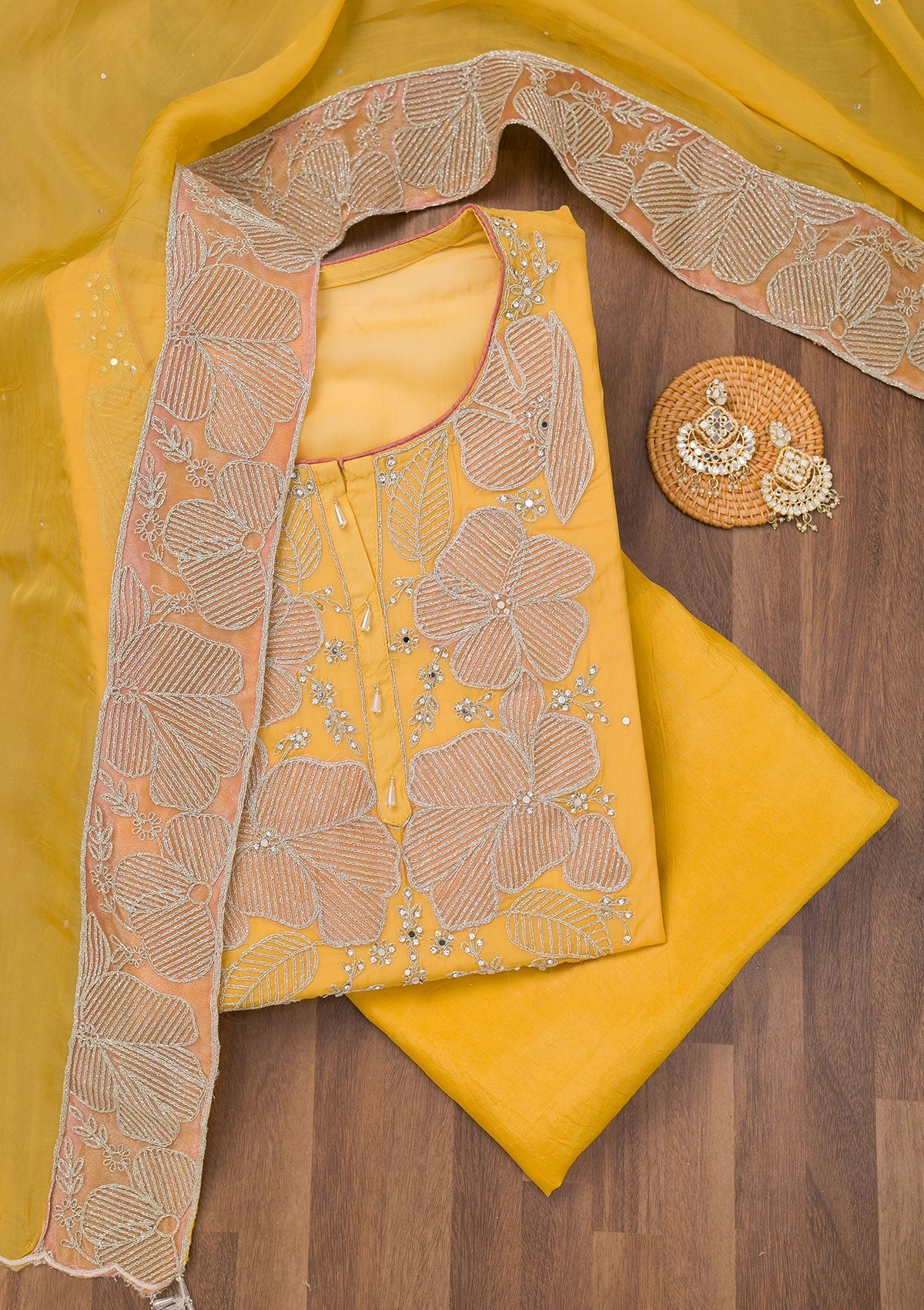 Koskii Mustard Zariwork Semi Crepe Unstitched Salwar Suit