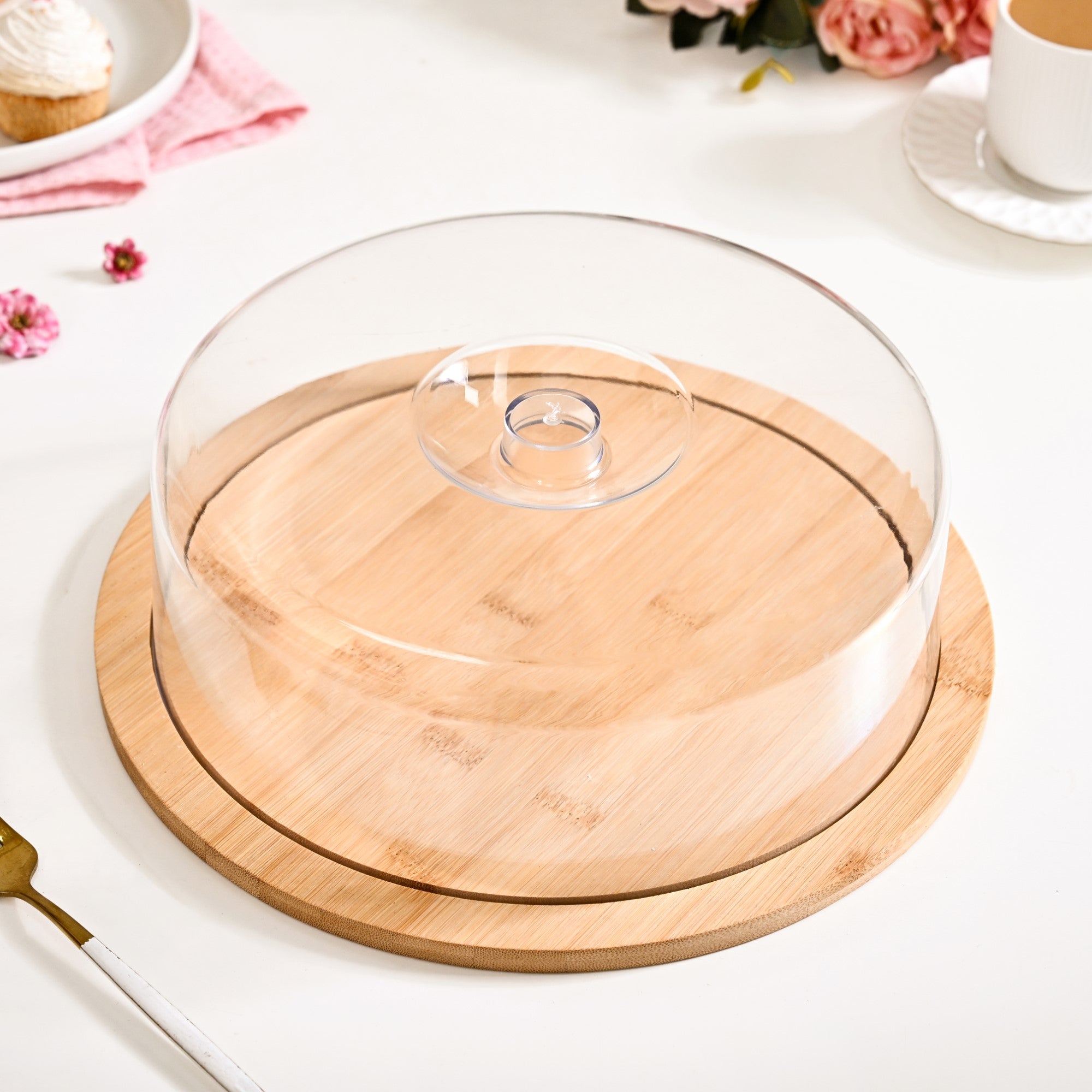 Nestasia Bamboo Wood Cake Stand With Cloche 25cm