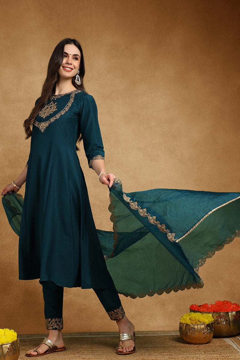 Ahika Teal Blue Silk Blend Solid Embroidered Anarkali Suit Set PKSKD2735 - view 3