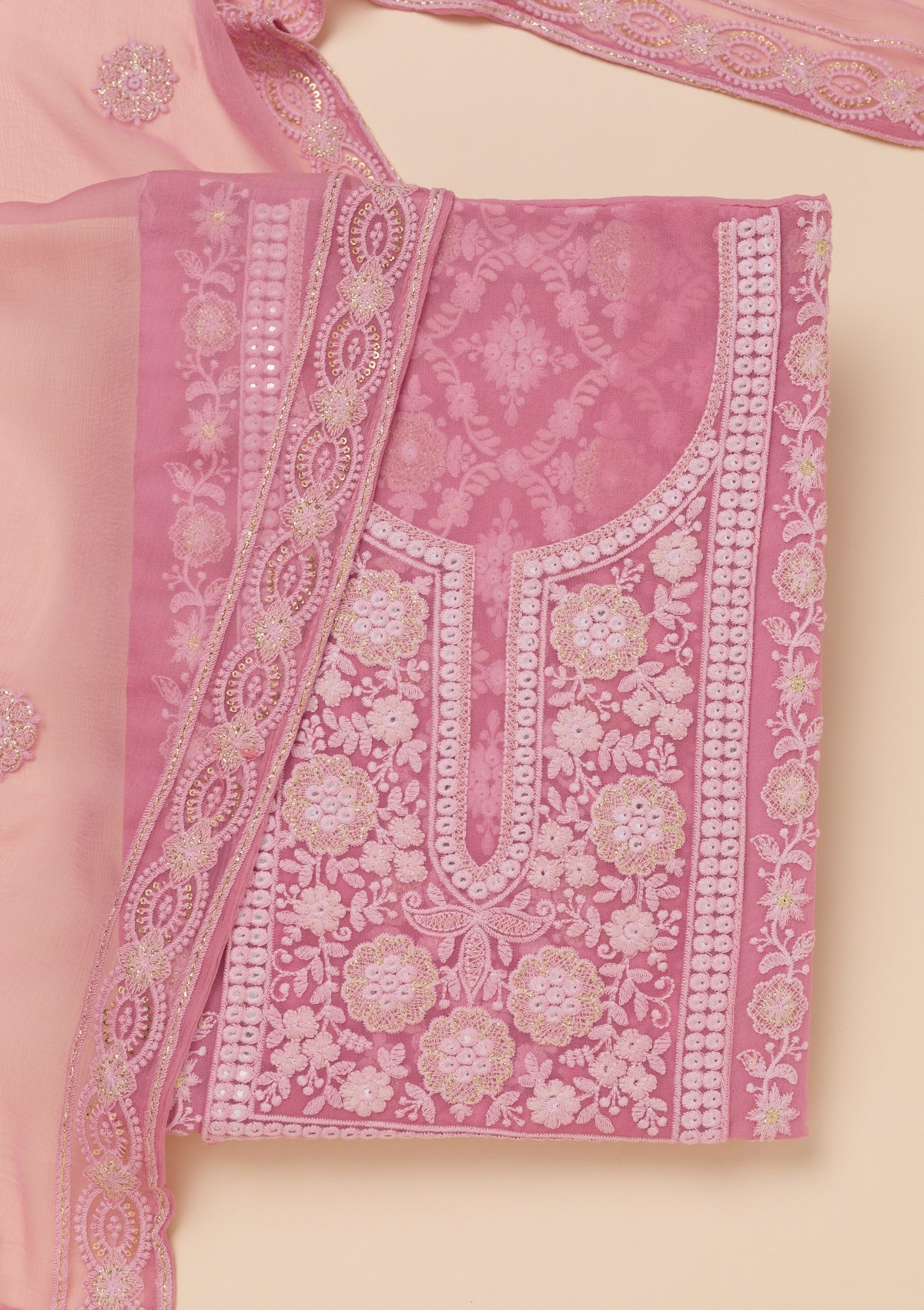 Koskii Onion Pink Chikankari Georgette Unstitched Salwar Suit - view 6