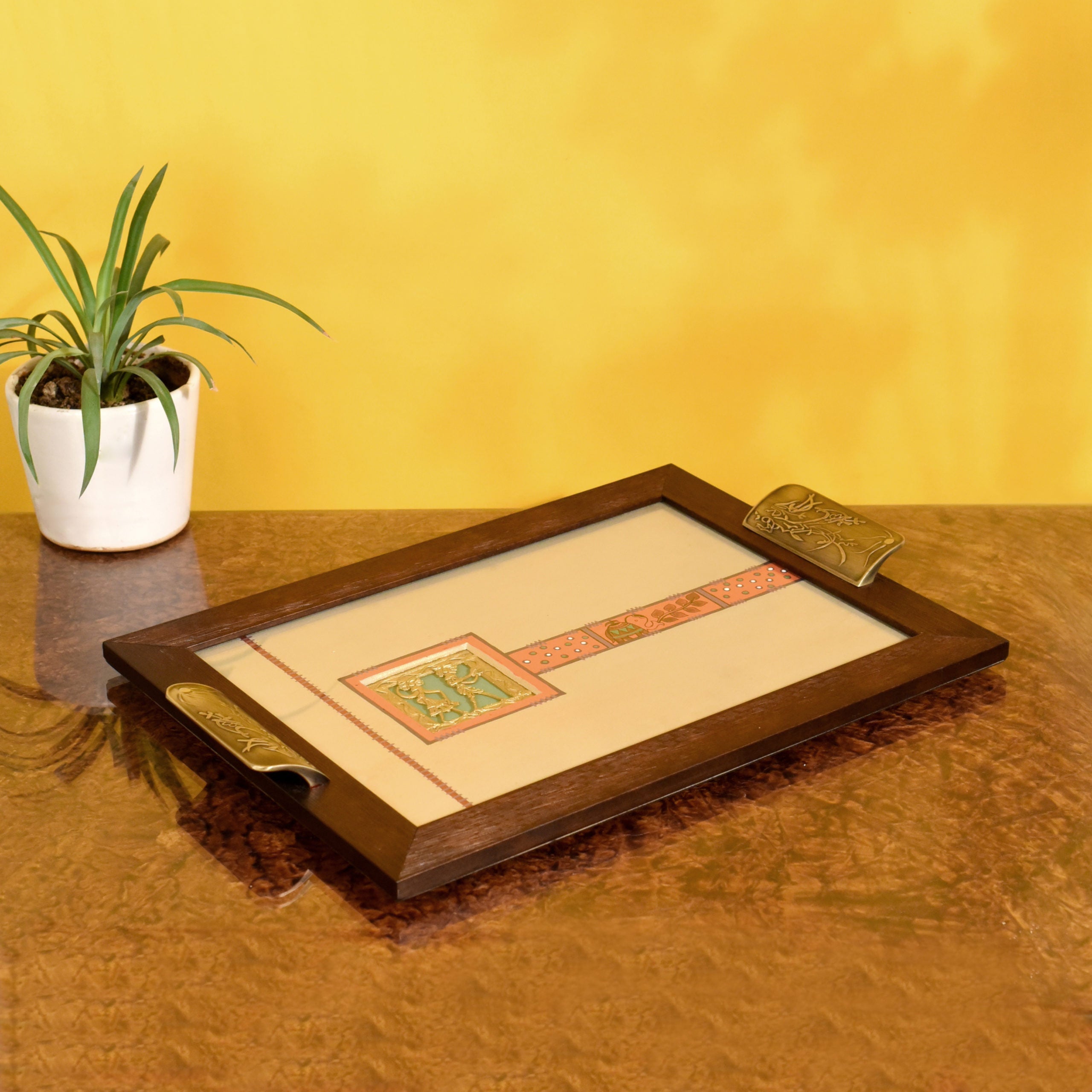 ART CREATIONS BY SUMAN SONTHALIA Beige - Wooden Rectangle Serving Tray with Brass Handles (17x12x1.4)