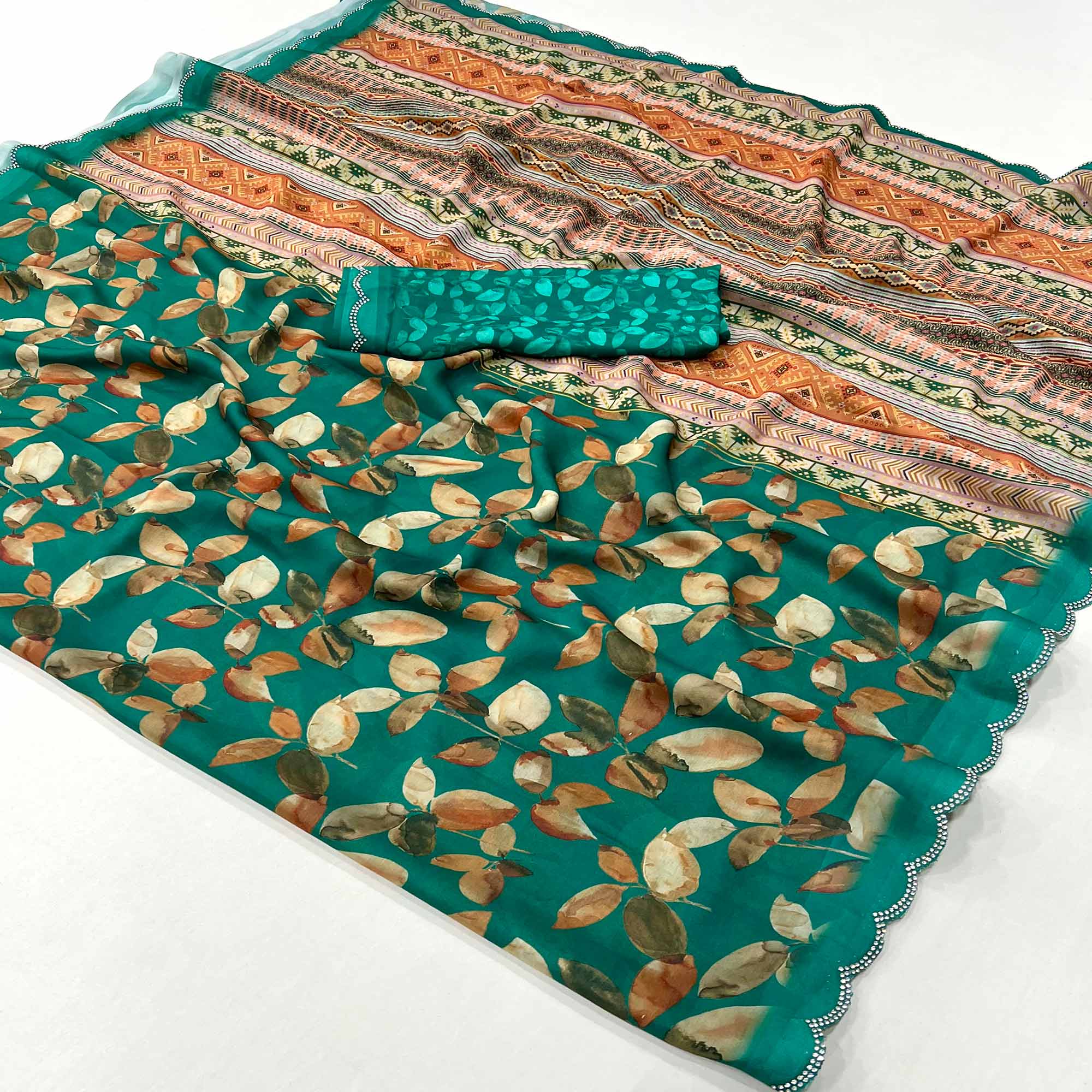 Peachmode Rama Green Floral Digital Printed Georgette Saree With Stonework Border
