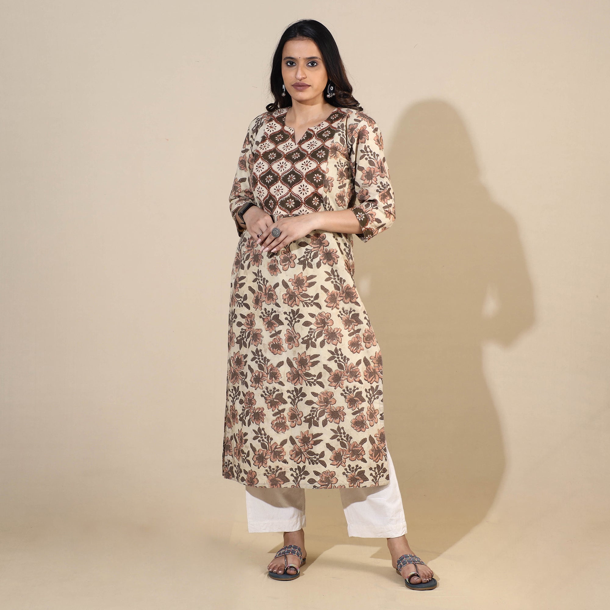 ITOKRI CASUALS Beige - Bagru Hand Block Printed Cotton Long Straight Kurta - view 2