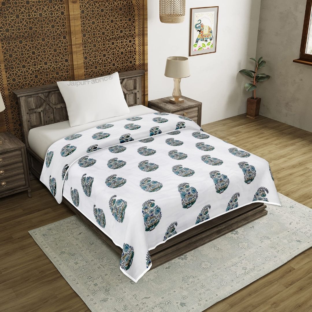 JaipurFabric® Padma Hand Block Floral Jaipuri Green Kairi Design Single Bed Dohar Crafted in India