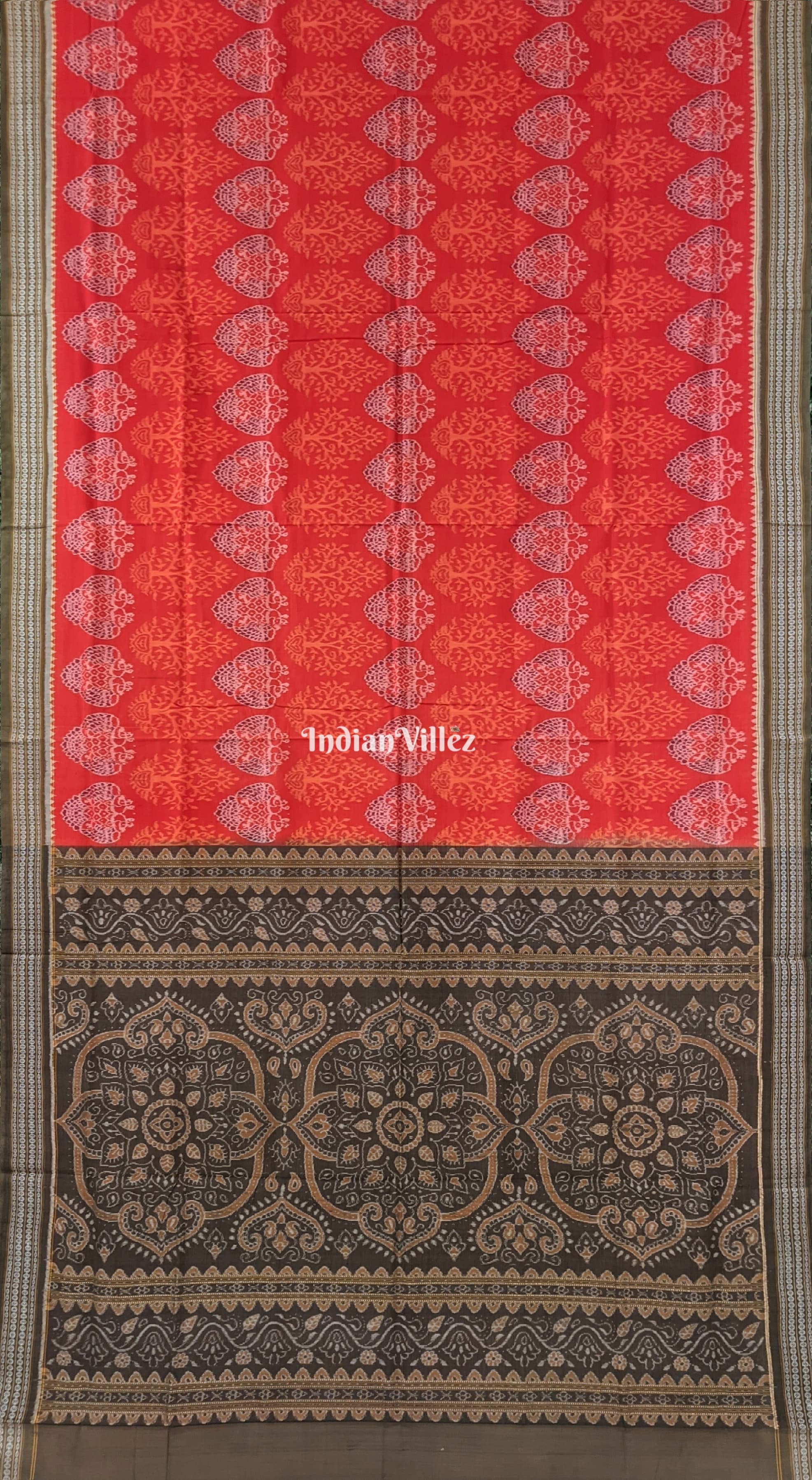 IndianVillèz Orange Tree Theme Pure Sambalpuri Ikat Cotton Saree