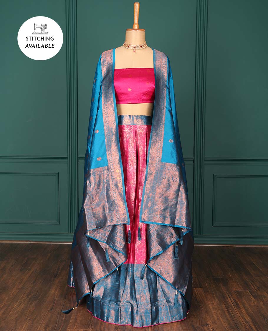 Pothys Pink jacquard art-silk half-saree, zari design blouse, contrast traditional design border & intricate dupatta - view 2