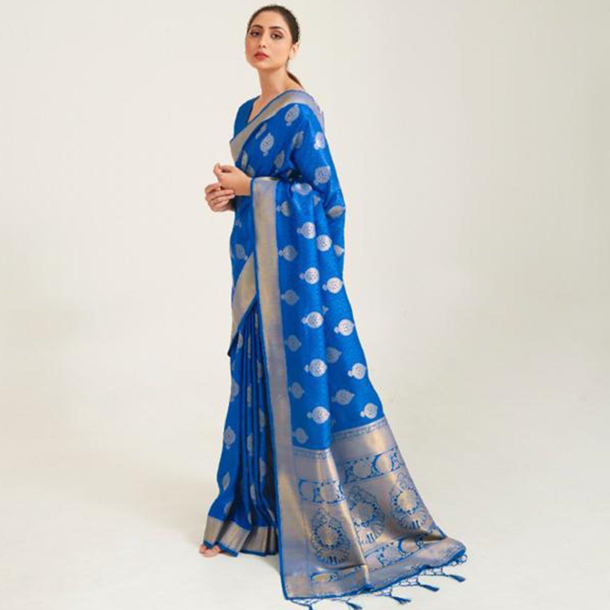 Peachmode Glowing Blue Coloured Festive Wear Handloom Woven Silk Saree