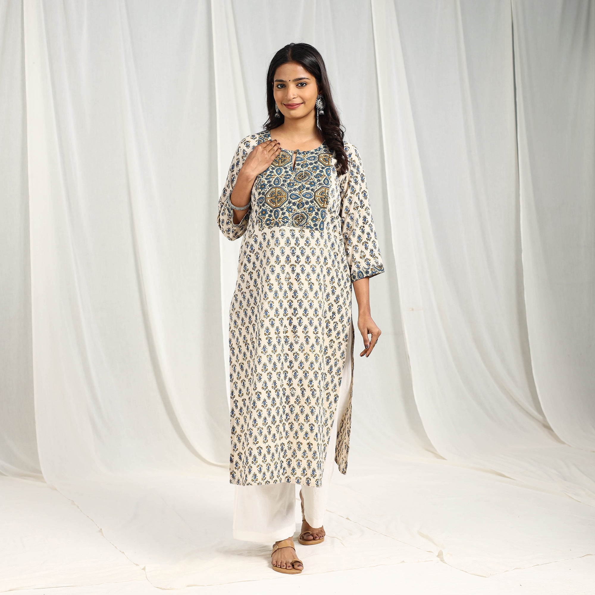 ITOKRI CASUALS Beige - Block Printed Cotton Straight Ajrakh Kurta 06 - view 3