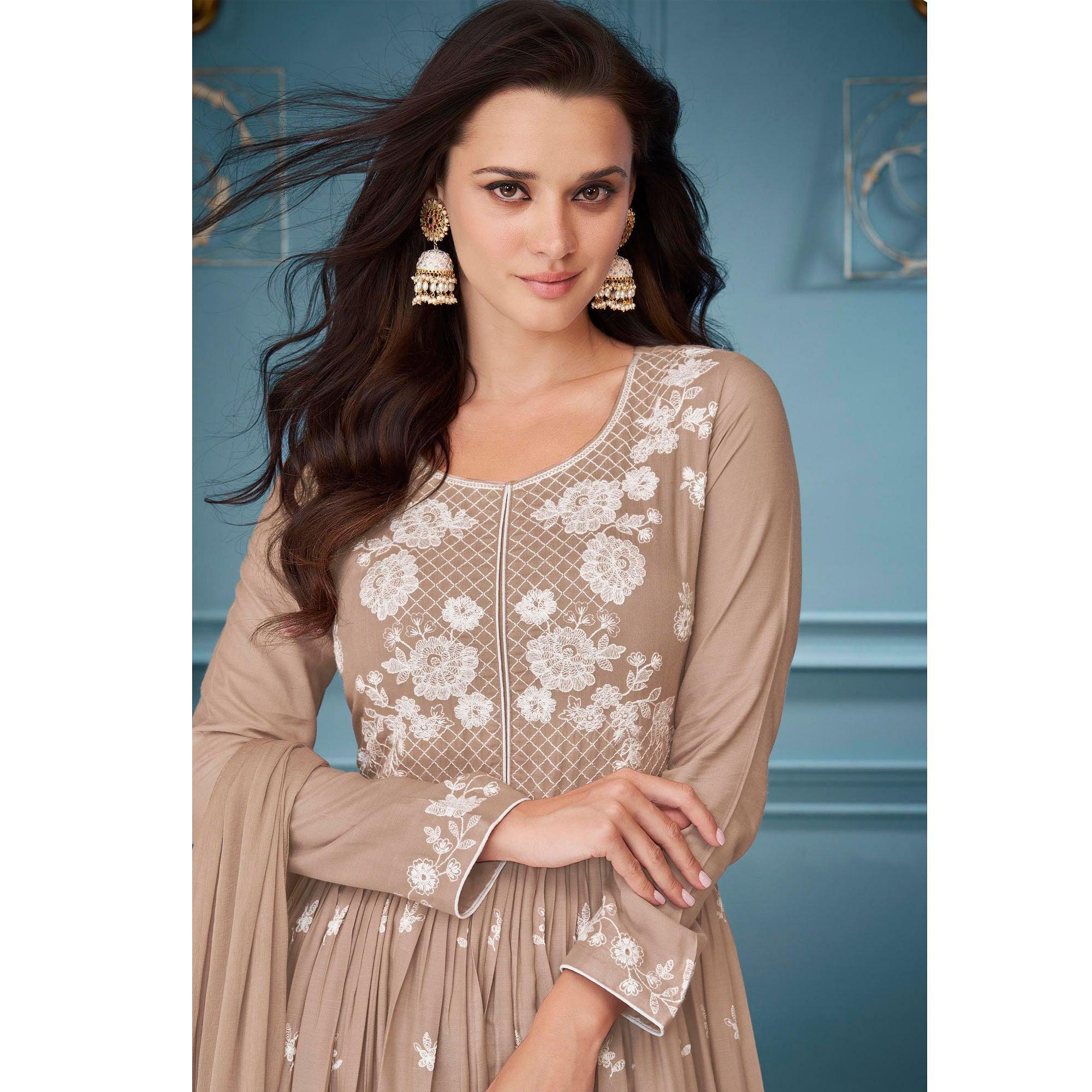 Peachmode Seller Brown Embroidered Rayon Sharara Suit - view 3