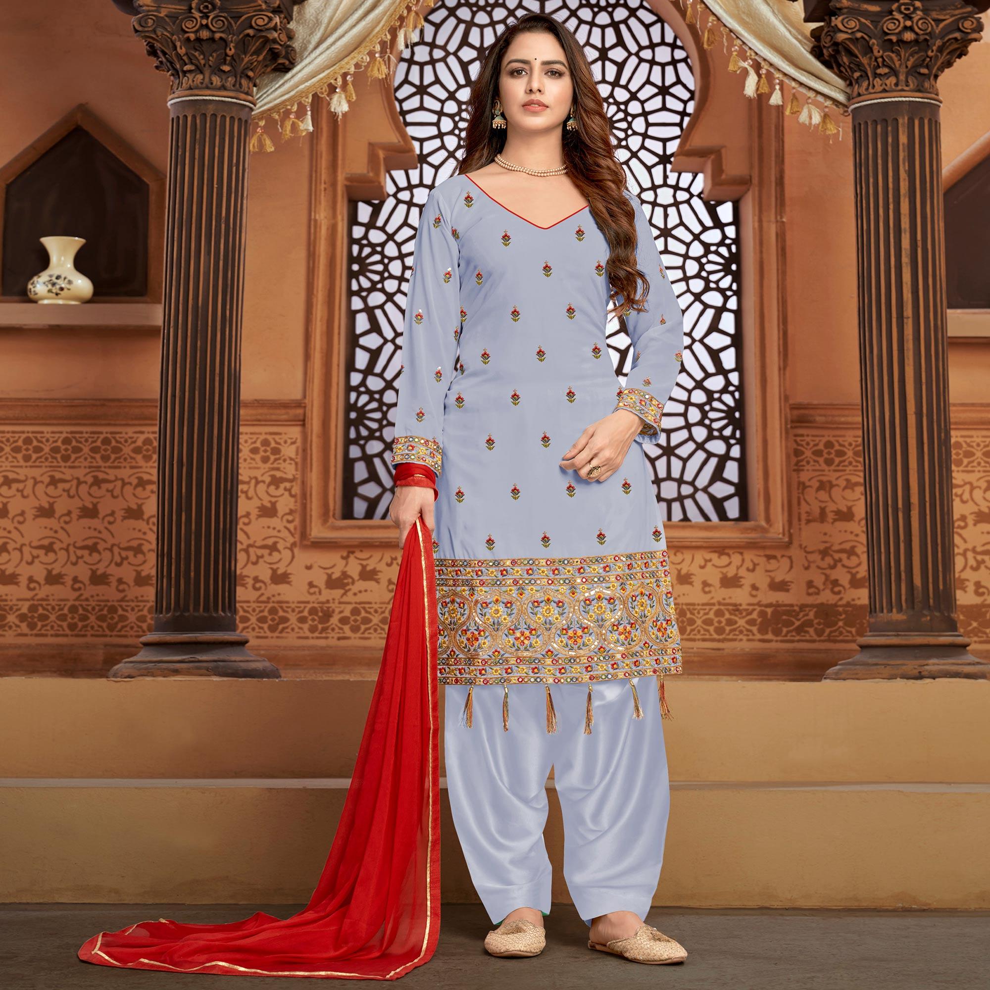 Peachmode Light Steel Blue Partywear Designer Floral Embroidered Faux Georgette Patiyala Suit