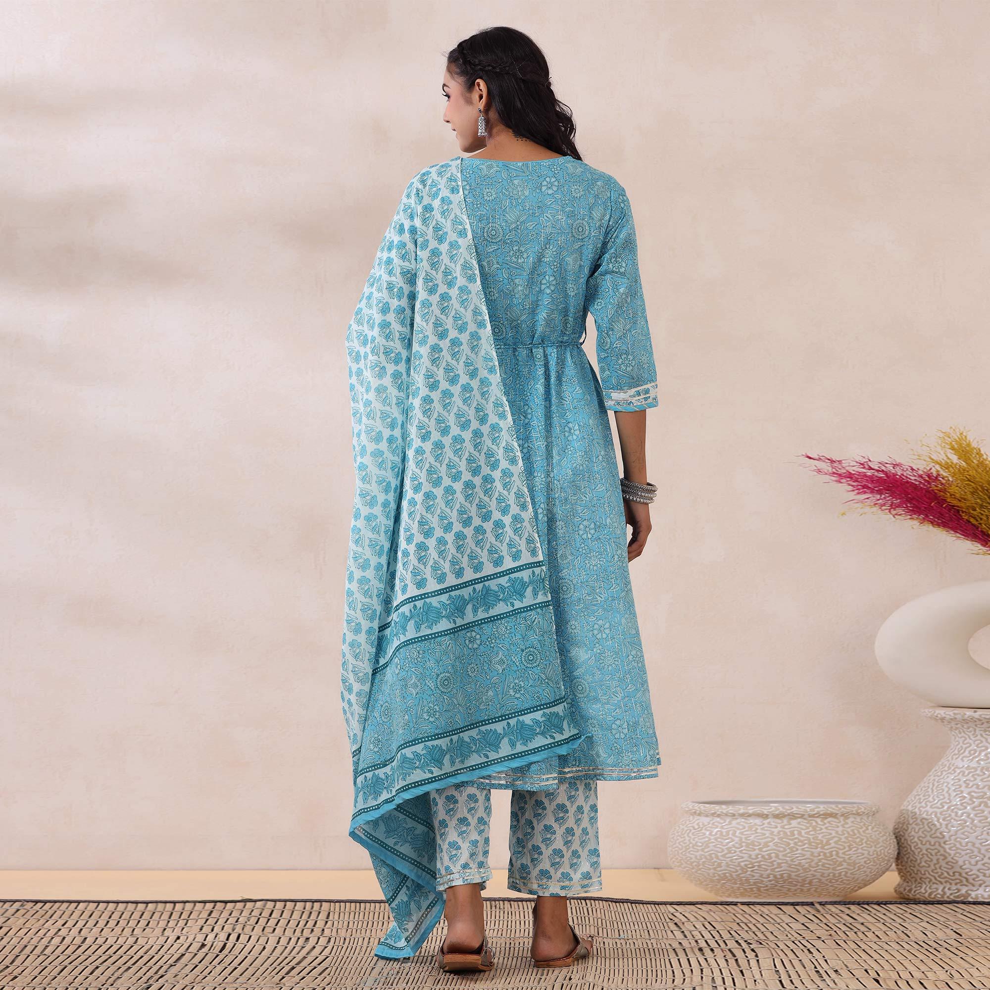 Peachmode Light Blue Printed Pure Cotton Anarkali Suit - view 6