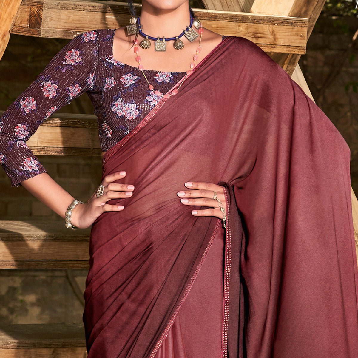 Peachmode Dark Maroon Printed With Swarovski Work Chiffon Ombre Saree - view 2