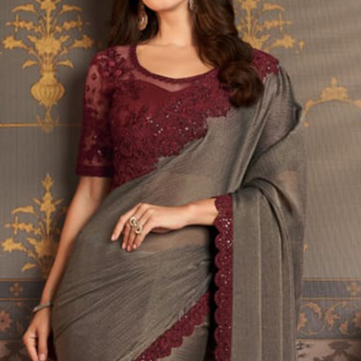 Peachmode Dark Grey Embroidered Satin Saree – Women's - view 3