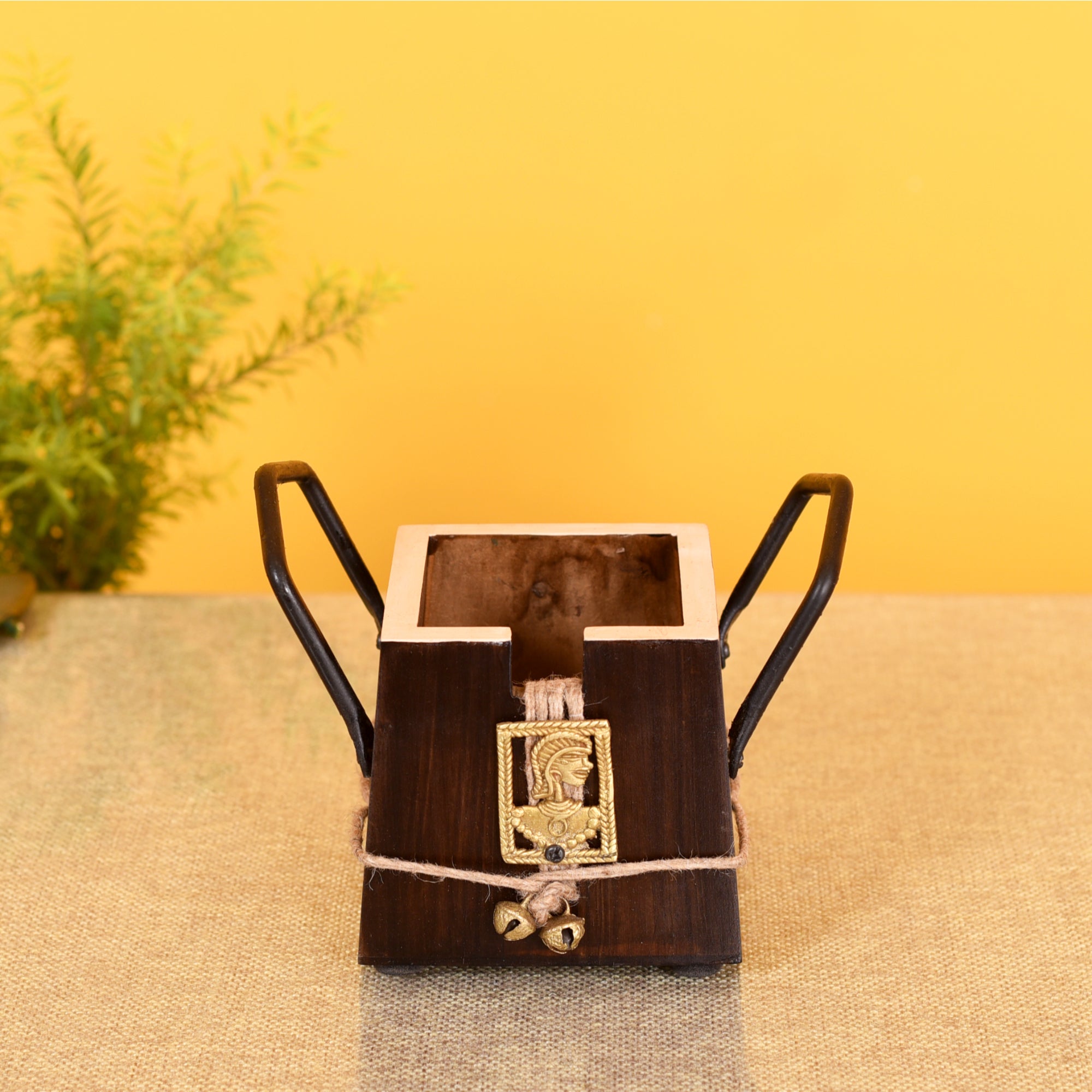 ART CREATIONS BY SUMAN SONTHALIA Brown - Handcrafted Wooden Cutlery Holder with Dhokra Art (3.5 x 5 in) - view 4