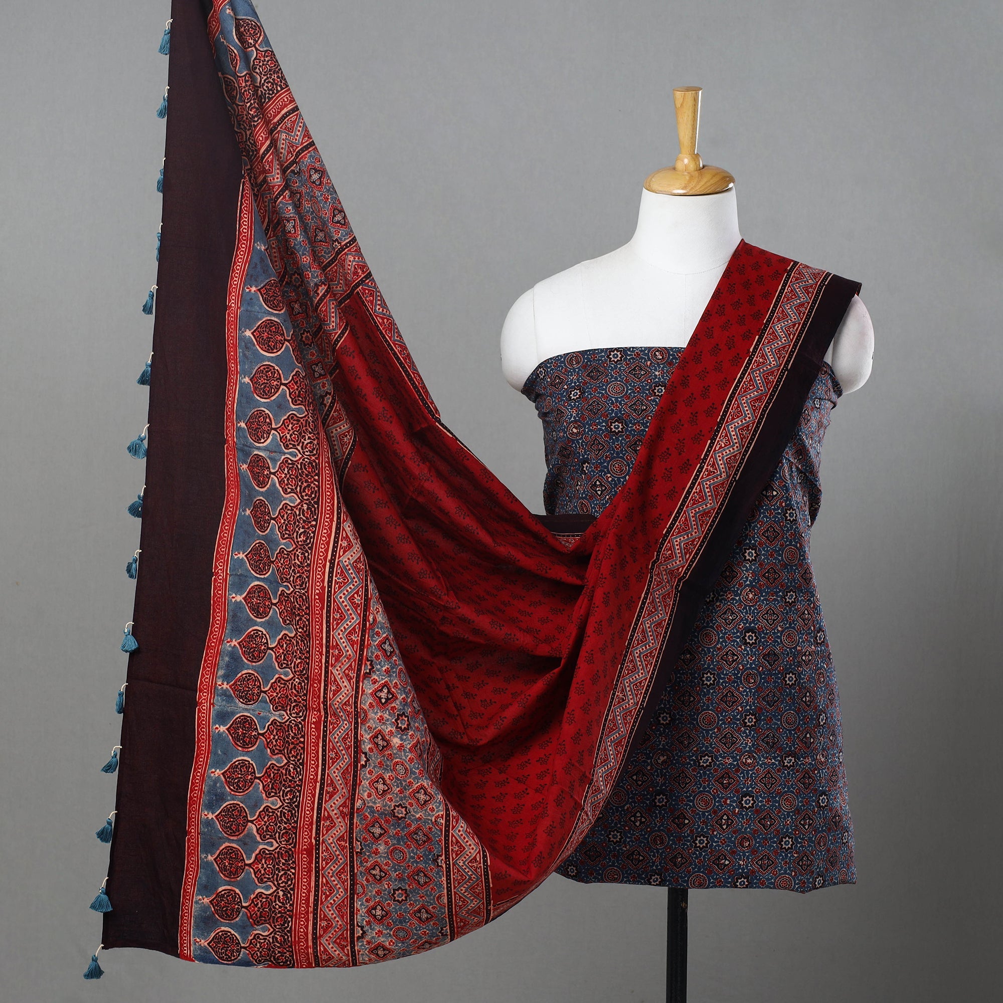 AJRAKH BY SUFIYAN ISMAIL KHATRI Blue - Hand Block Print Cotton 3pc Ajrakh Dress Material 02