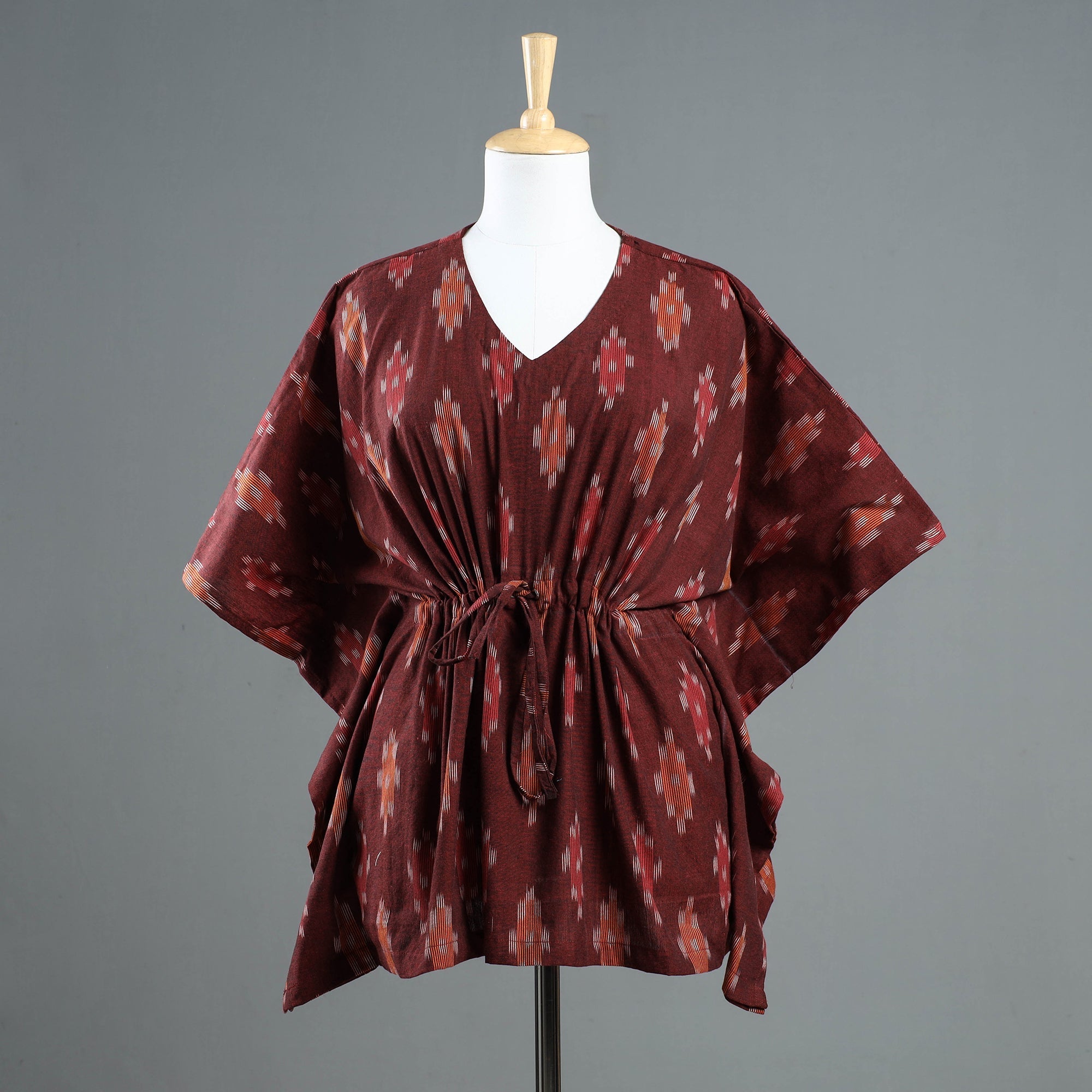 ITOKRI CASUALS Brown - Pochampally Ikat Cotton Kaftan with Tie-Up Waist (Short)