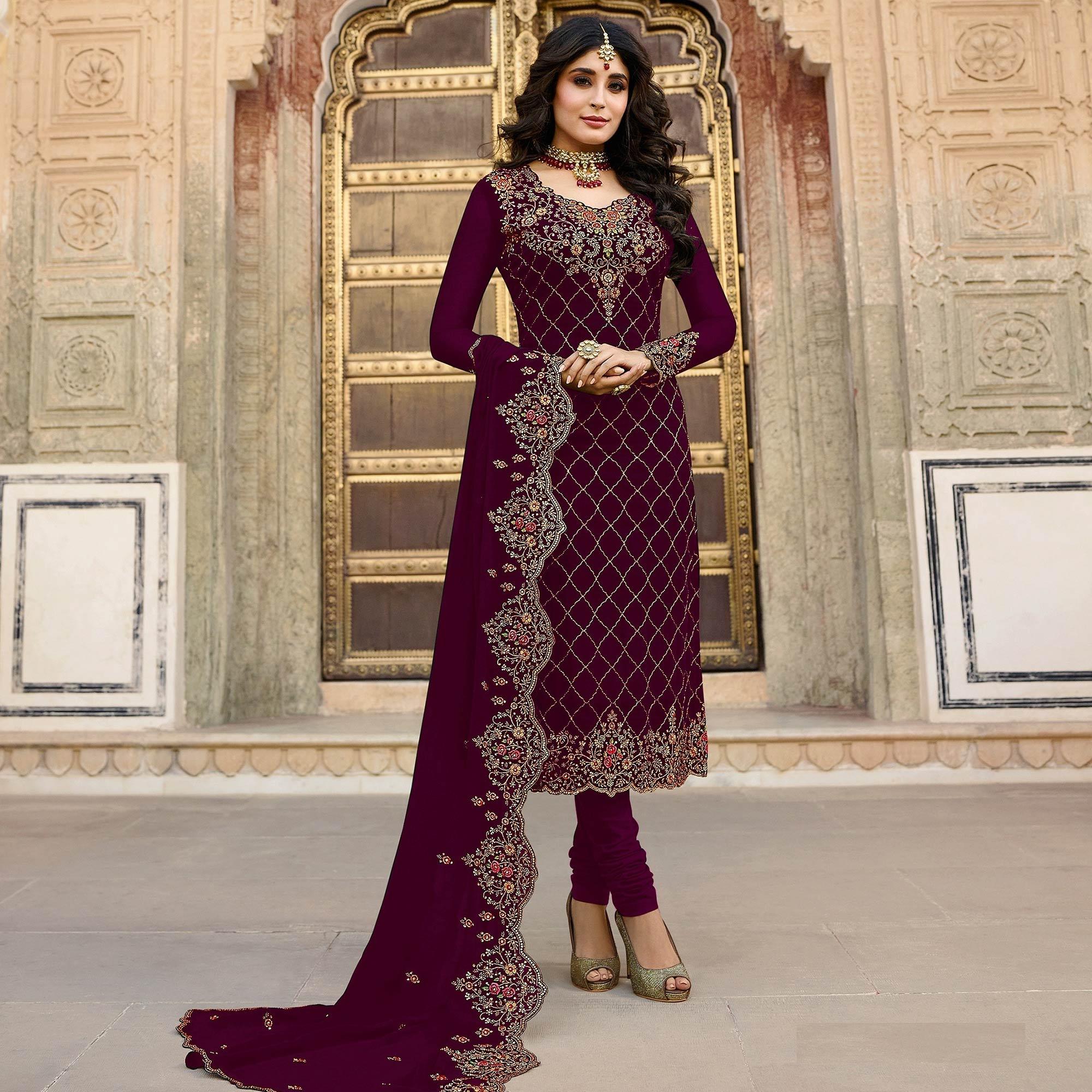 Peachmode Maroon Embroidered Georgette Partywear Suit
