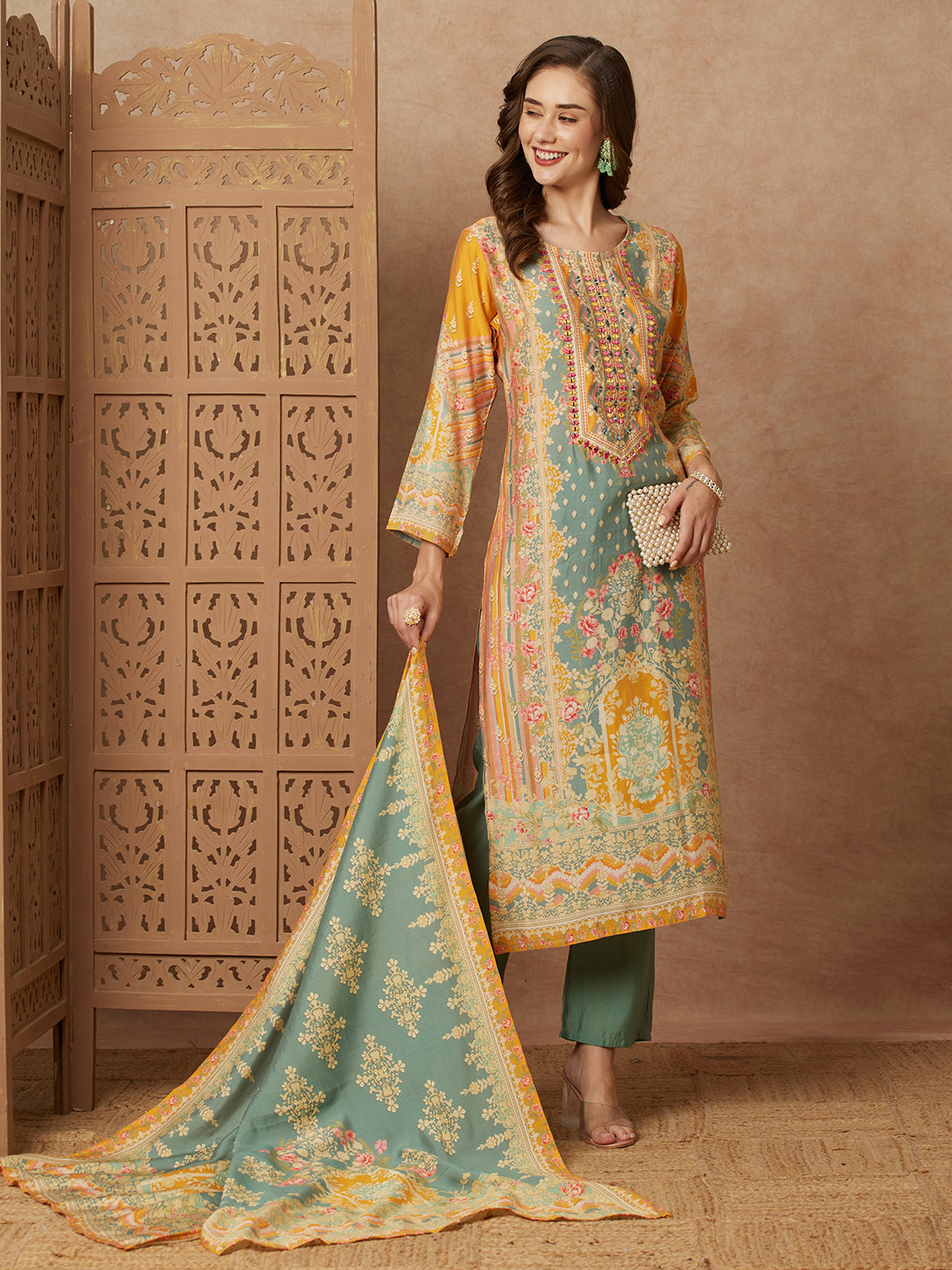 Fashor Ethnic Floral Printed Mirror Embroidered Kurta with Pant & Dupatta - Green