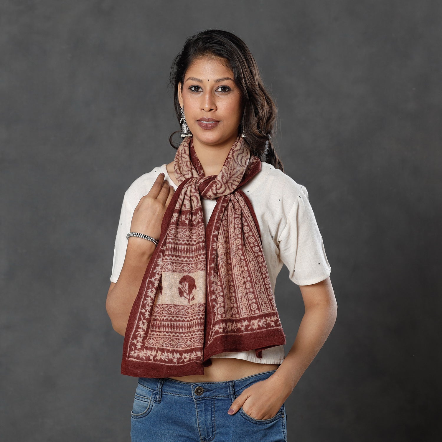 BAGH PRINTS BY MOHAMMED BILAL KHATRI Brown - Bagh Block Printed Natural Dyed Woolen Muffler (61 in) - view 2