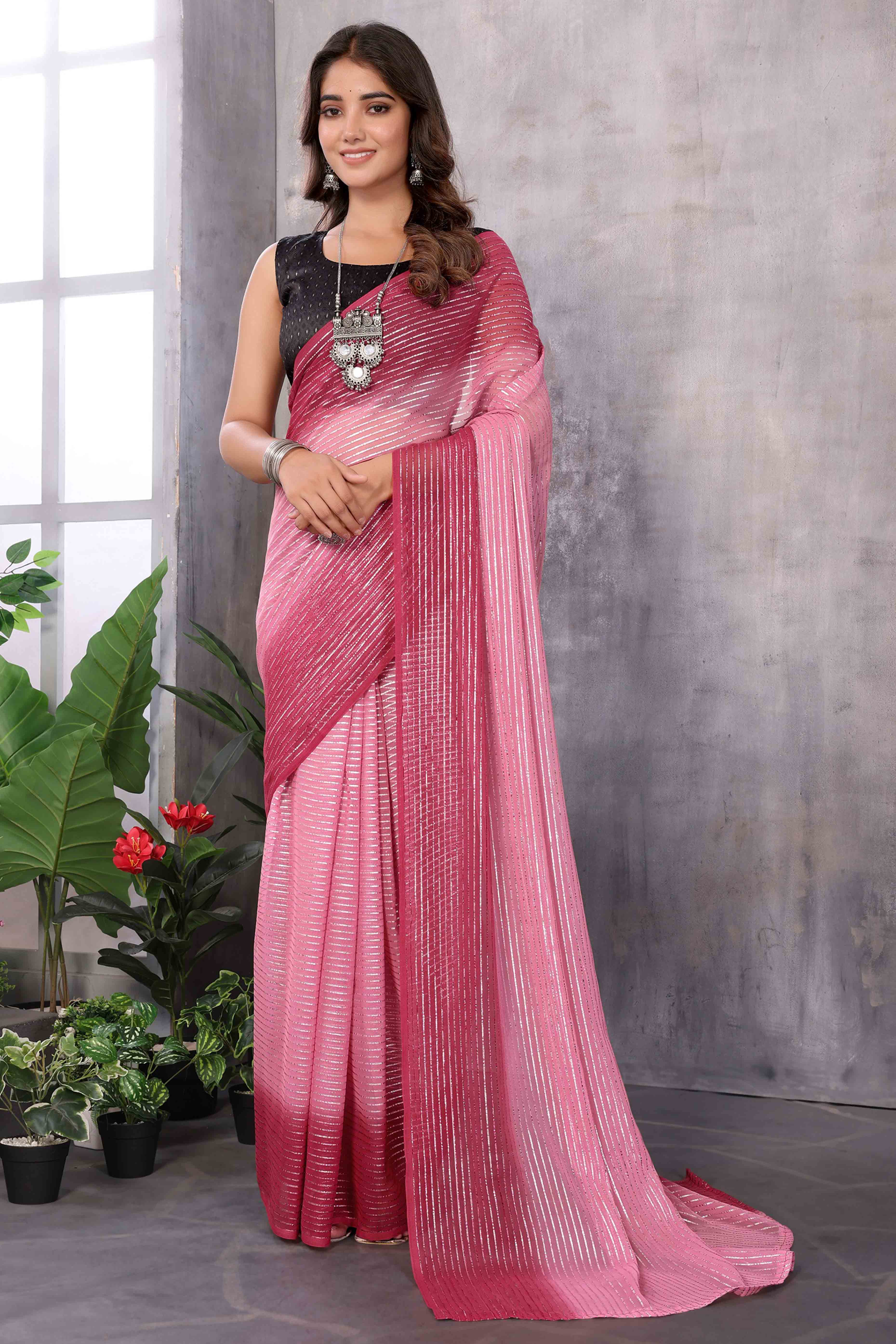 Peachmode Maroon Striped Zari Woven Art Silk Ready To Wear Saree