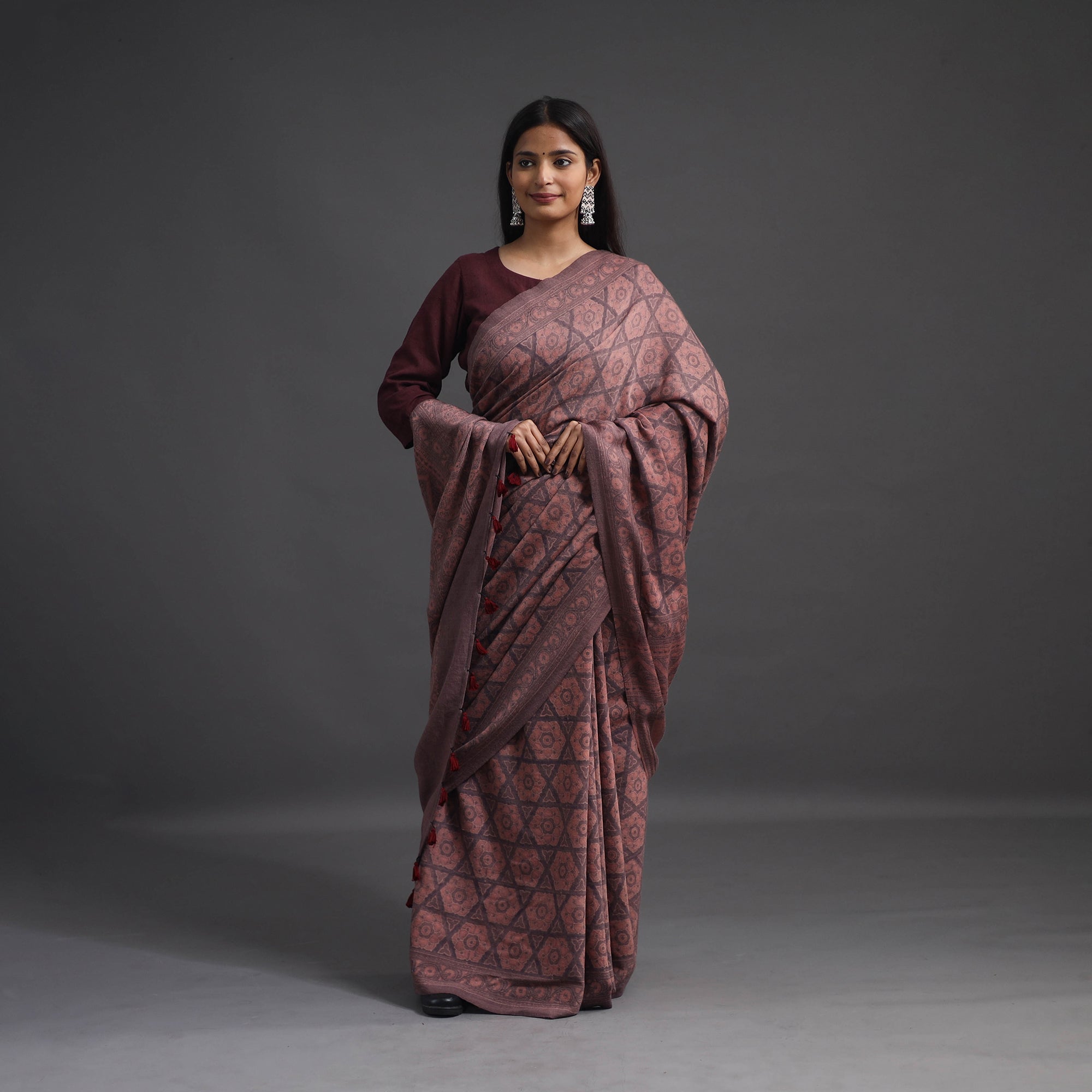 AJRAKH BY JABBAR KHATRI Brown - Merino Wool Block Print Ajrakh Saree with Tassels 03