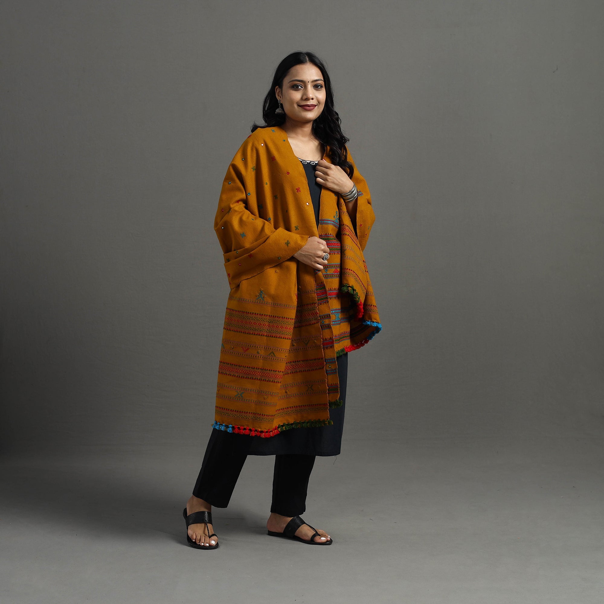 VANKAR BHIMJI KANJI Brown - Kutch Handwoven Mirror Work Woollen Shawl 82