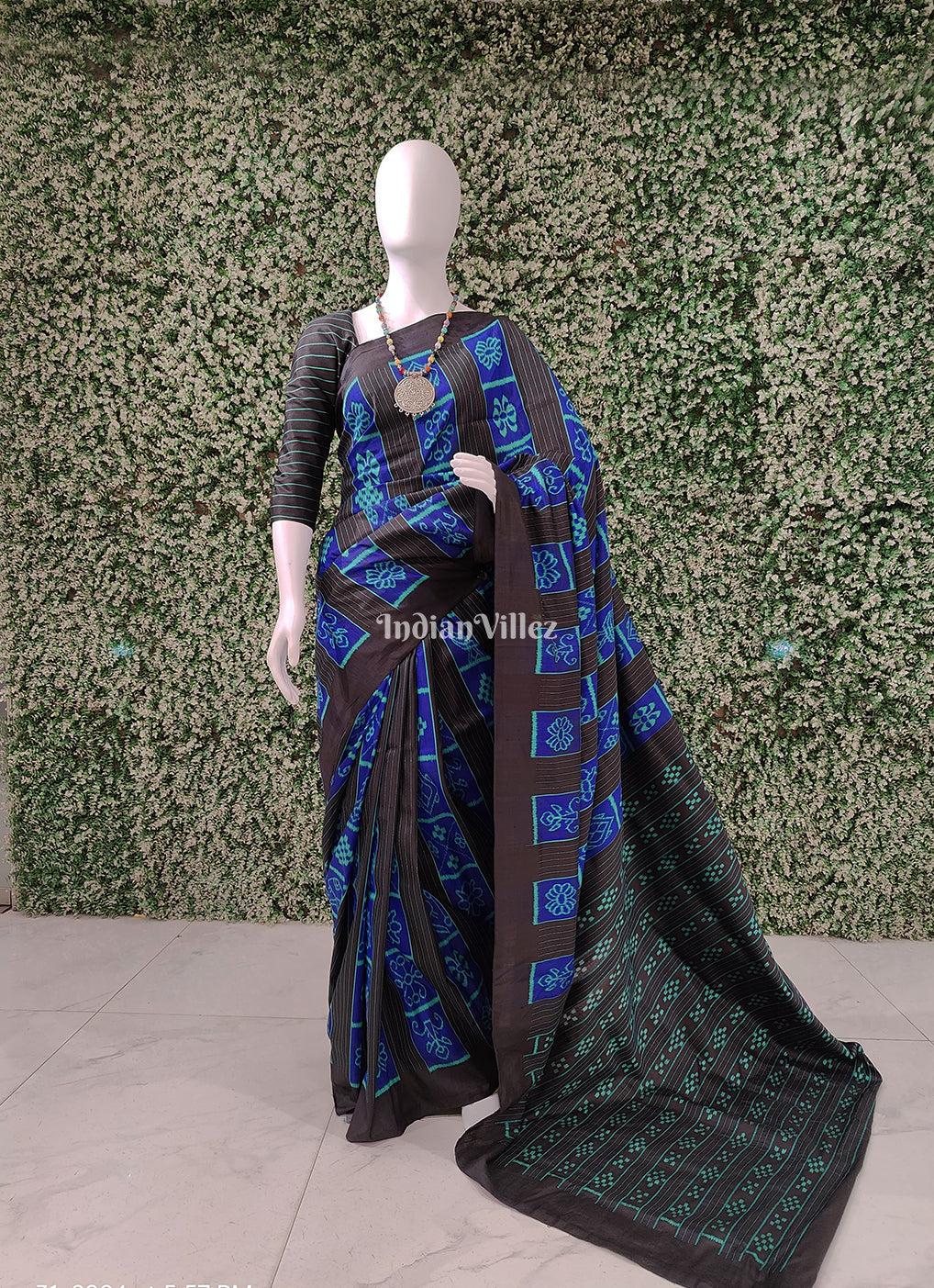 IndianVillèz Black Blue Odisha Ikat Nabakothi Contemporary Silk Saree