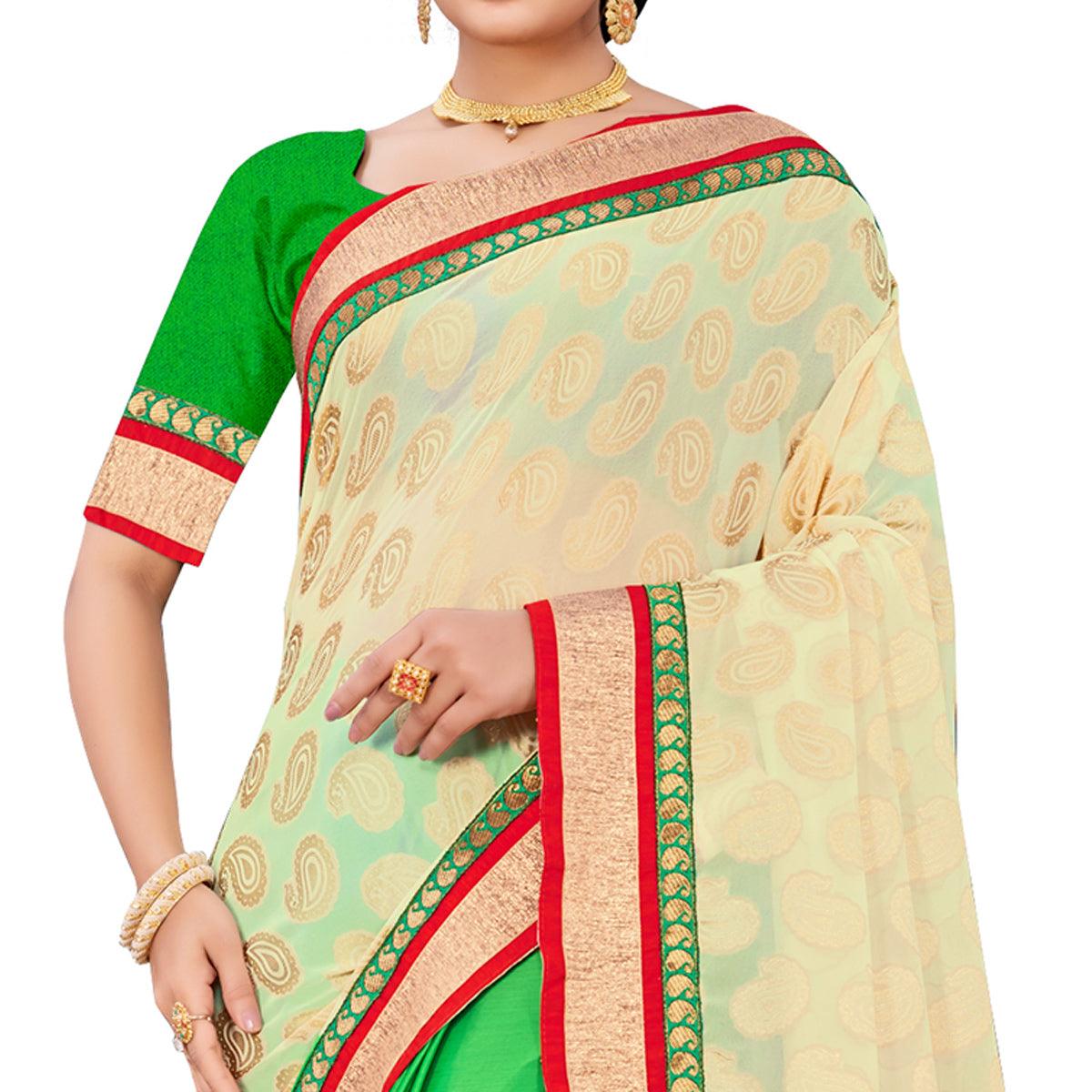 Peachmode Glorious Green-Cream Colored party Wear Georgette Half-Half Saree - view 2