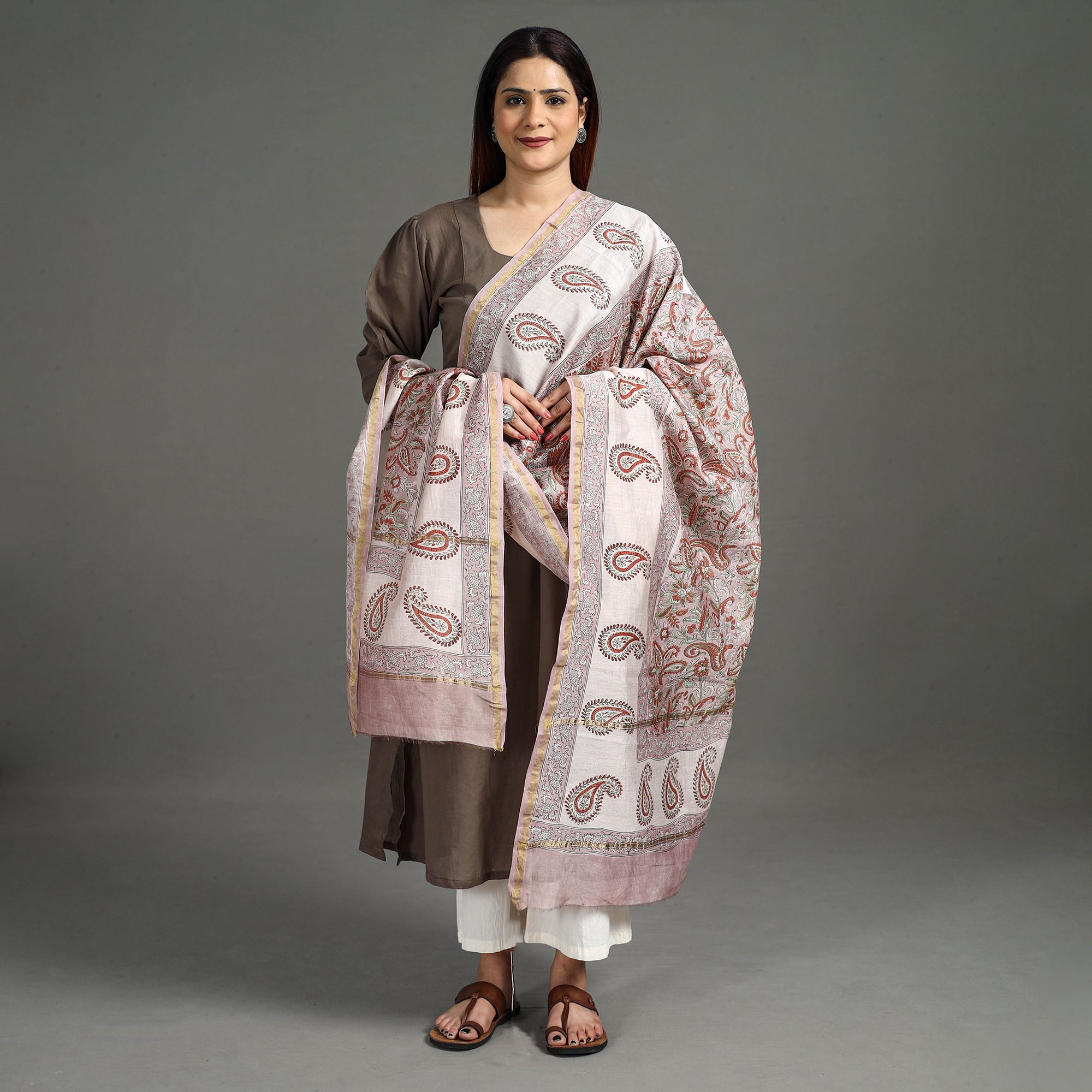 ARTISAN HAND BLOCK PRINTS Brown - Handloom Chanderi Silk Sanganeri Print Dupatta 42 - view 3