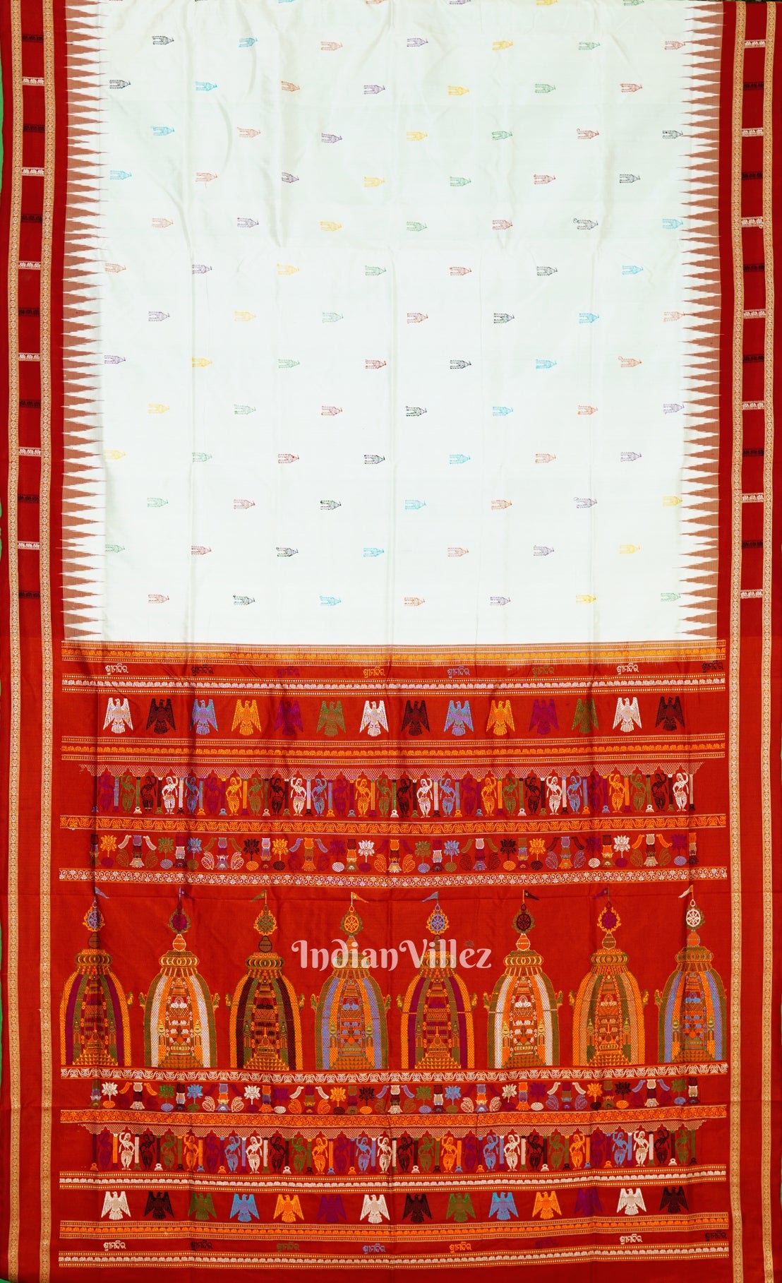 IndianVillèz White Red Shree Mandir Theme Sambalpuri Ikat Silk Saree - view 2