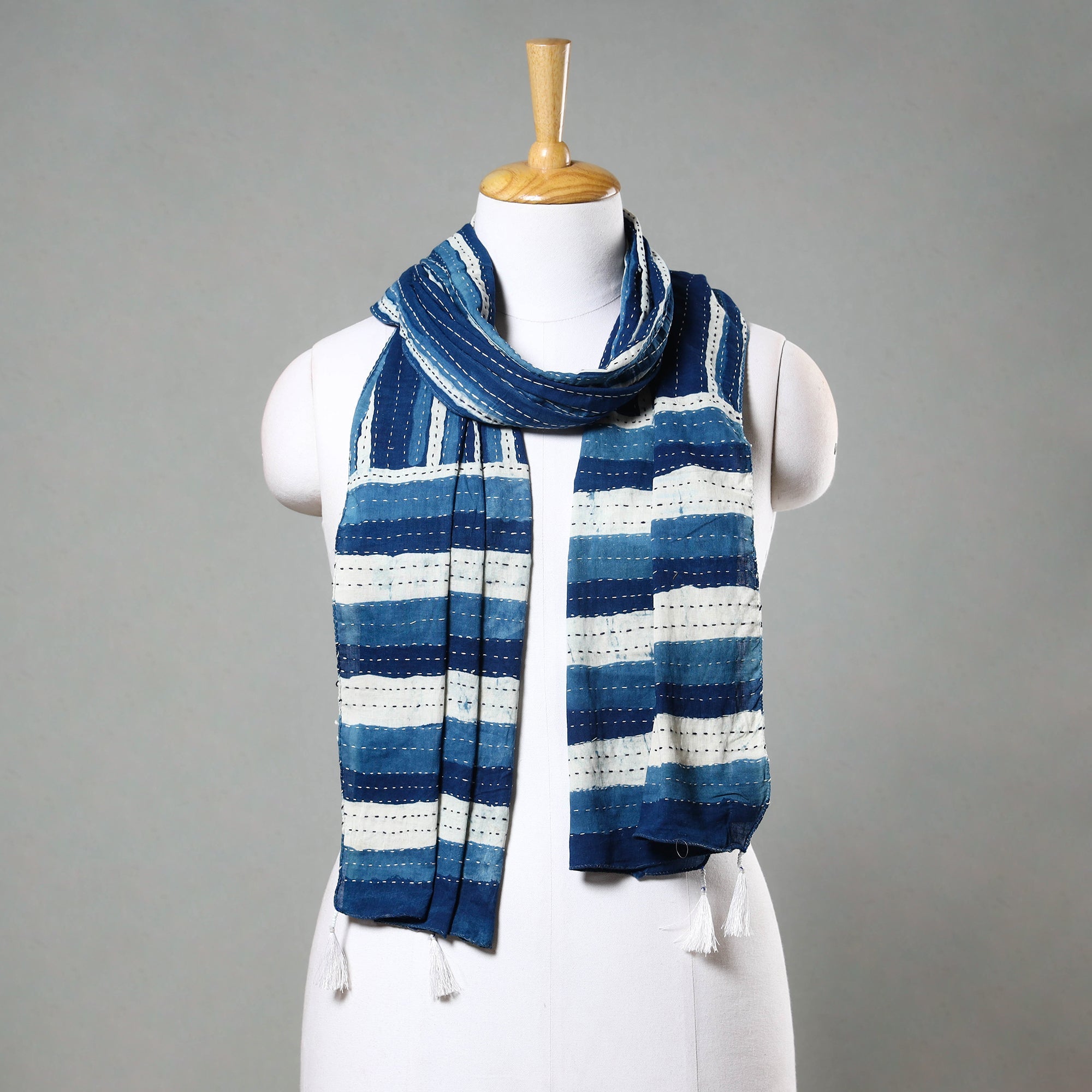 ARTISAN HAND BLOCK PRINTS Blue - Block Printed Tagai Work Cotton Stole with Tassels