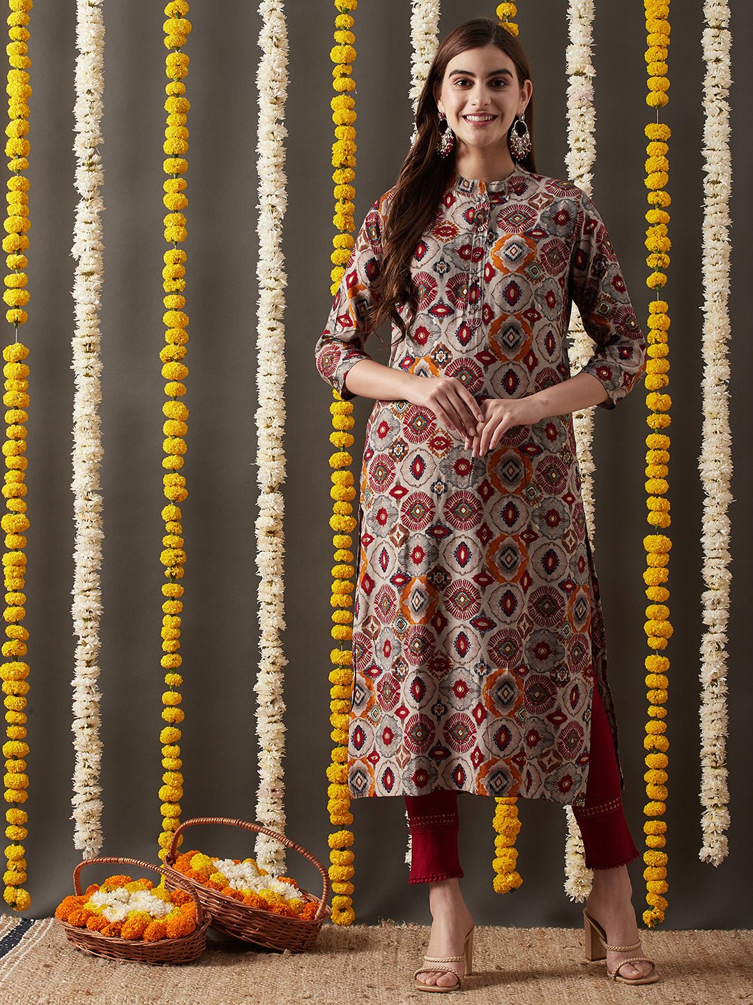 Fashor Ethnic Foil Printed Straight Fit Kurta - Grey