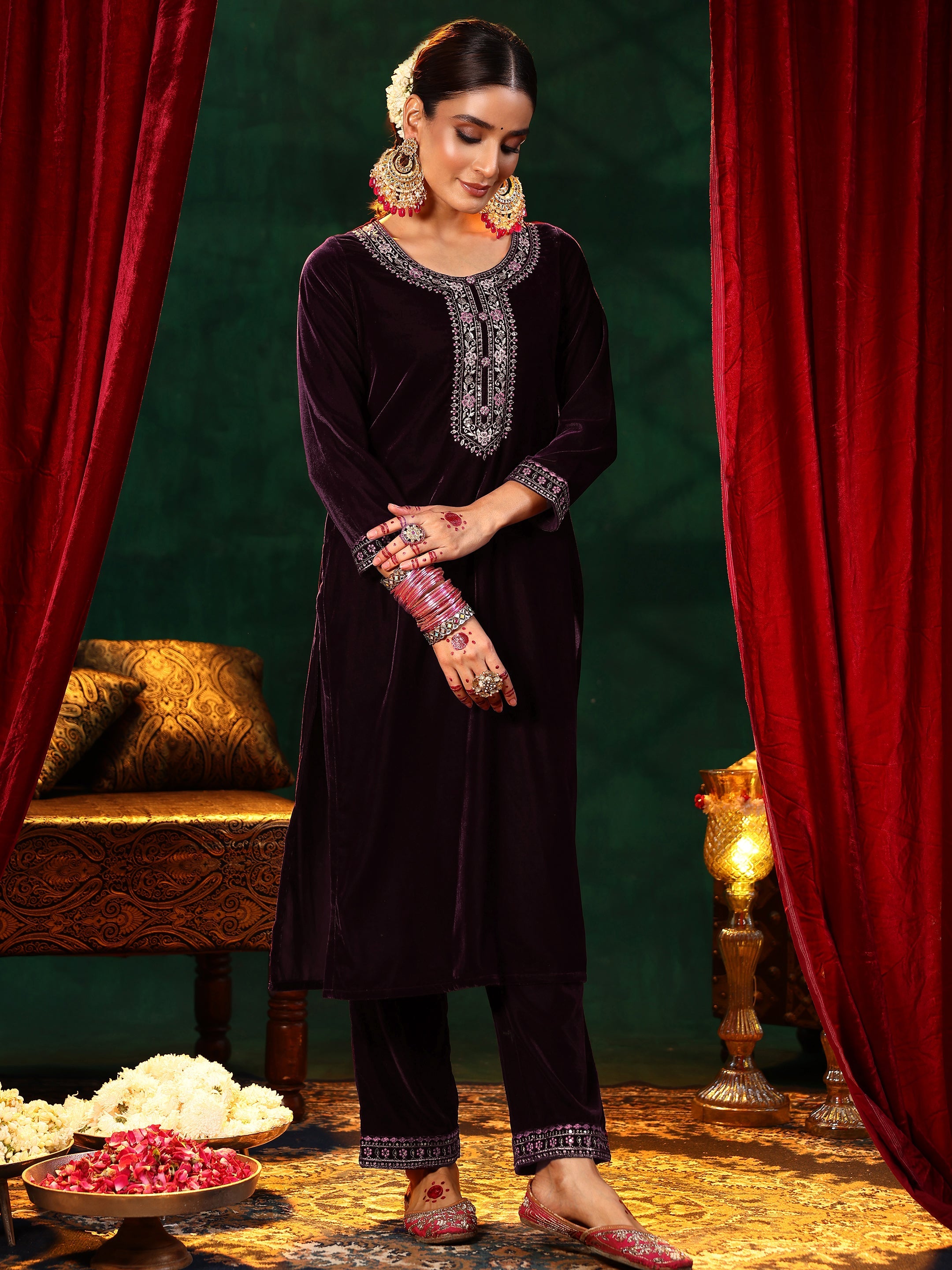 Libas Burgundy Yoke Design Velvet Straight Suit With Dupatta - view 2